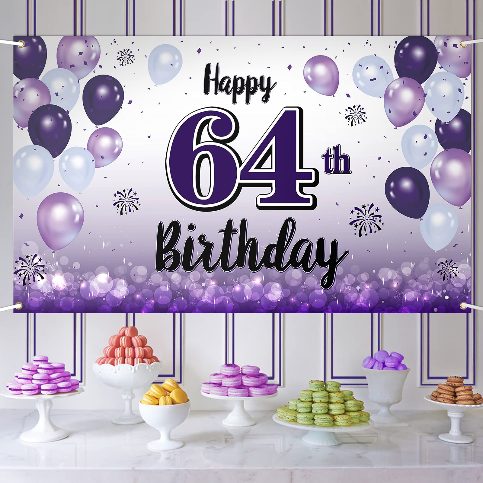 Laskyer Happy 64Th Birthday Decorations,64Th Purple Balloon Large Birthday Banner Backdrop Sign,64 Years Old Bday Party Supplies