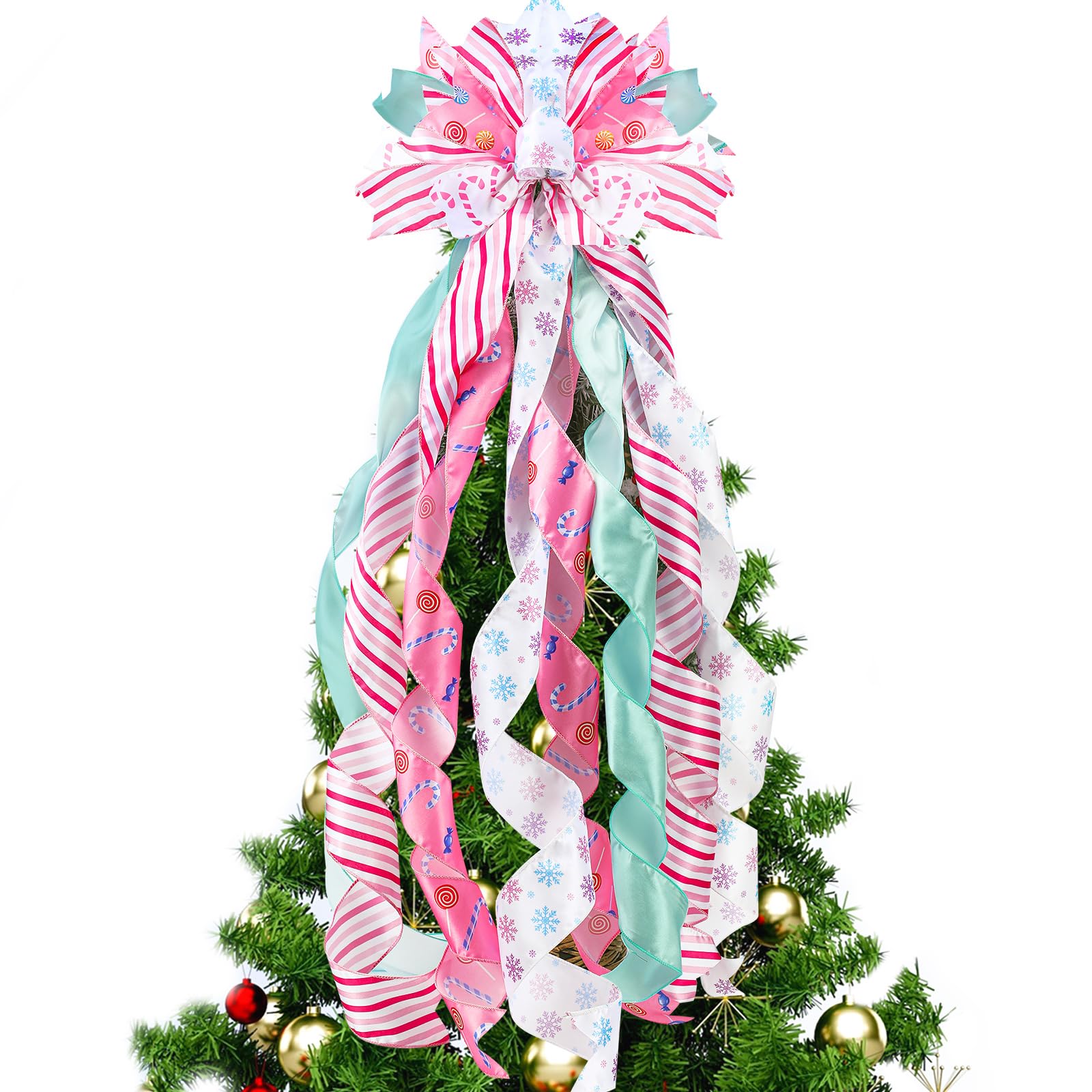 FineCheer Pastel Christmas Tree Topper Wreath Bow Large Christmas Bow Tree Topper for Xmas Ornament Family Wedding Thanksgiving 