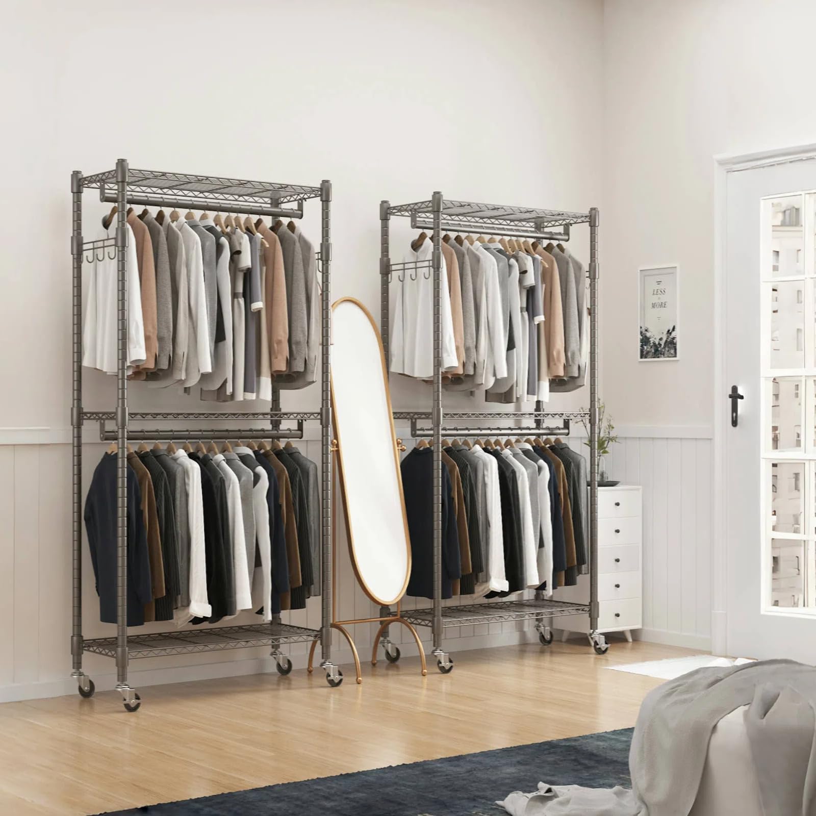 Bathwa Clothes Rack Rolling Narrow 2 Tier Garment Rack For Hanging Clothes, Space Saving Portable Clothing Rack With Wheels And