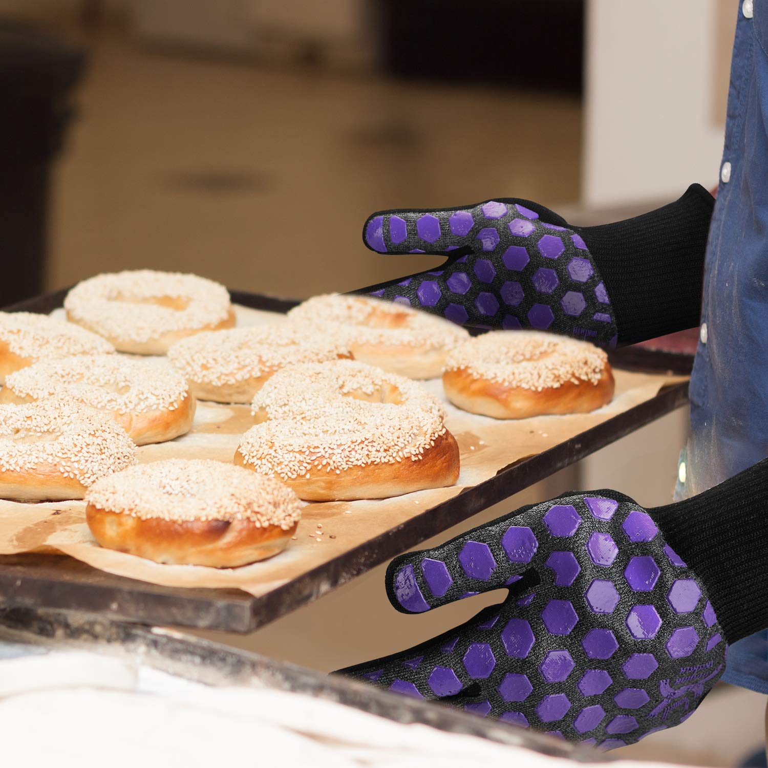 J H Heat Resistant Oven Glove:En407 Certified 932 F, 2 Layers Silicone Coating, Oven Mitts For Cooking, Kitchen, Fireplace,Campi