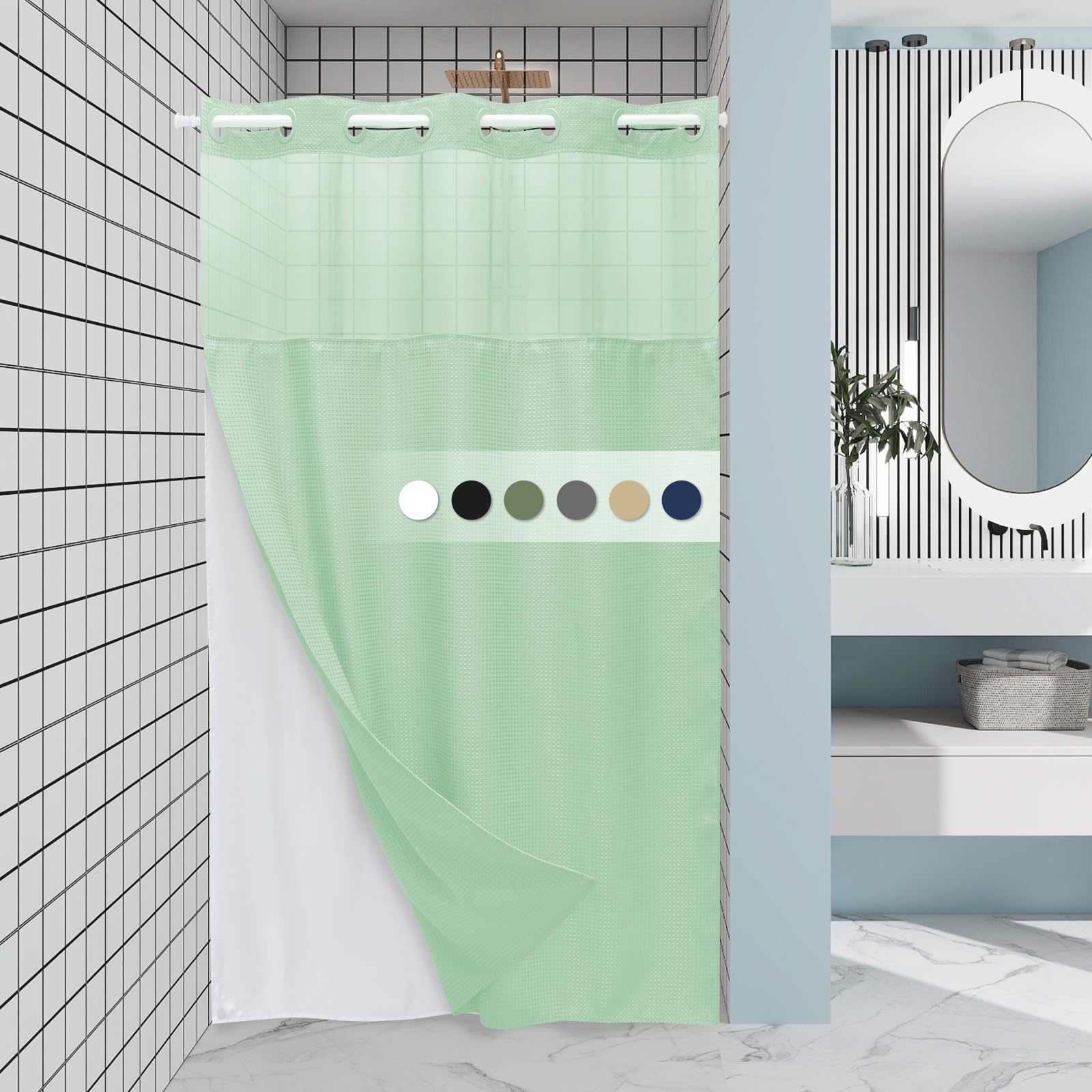 Eutxl Mint Green Stall No Hook Shower Curtain With Snap In Liner,230Gsm Waffle Weave Shower Curtains For Bathroom,54W X 80H