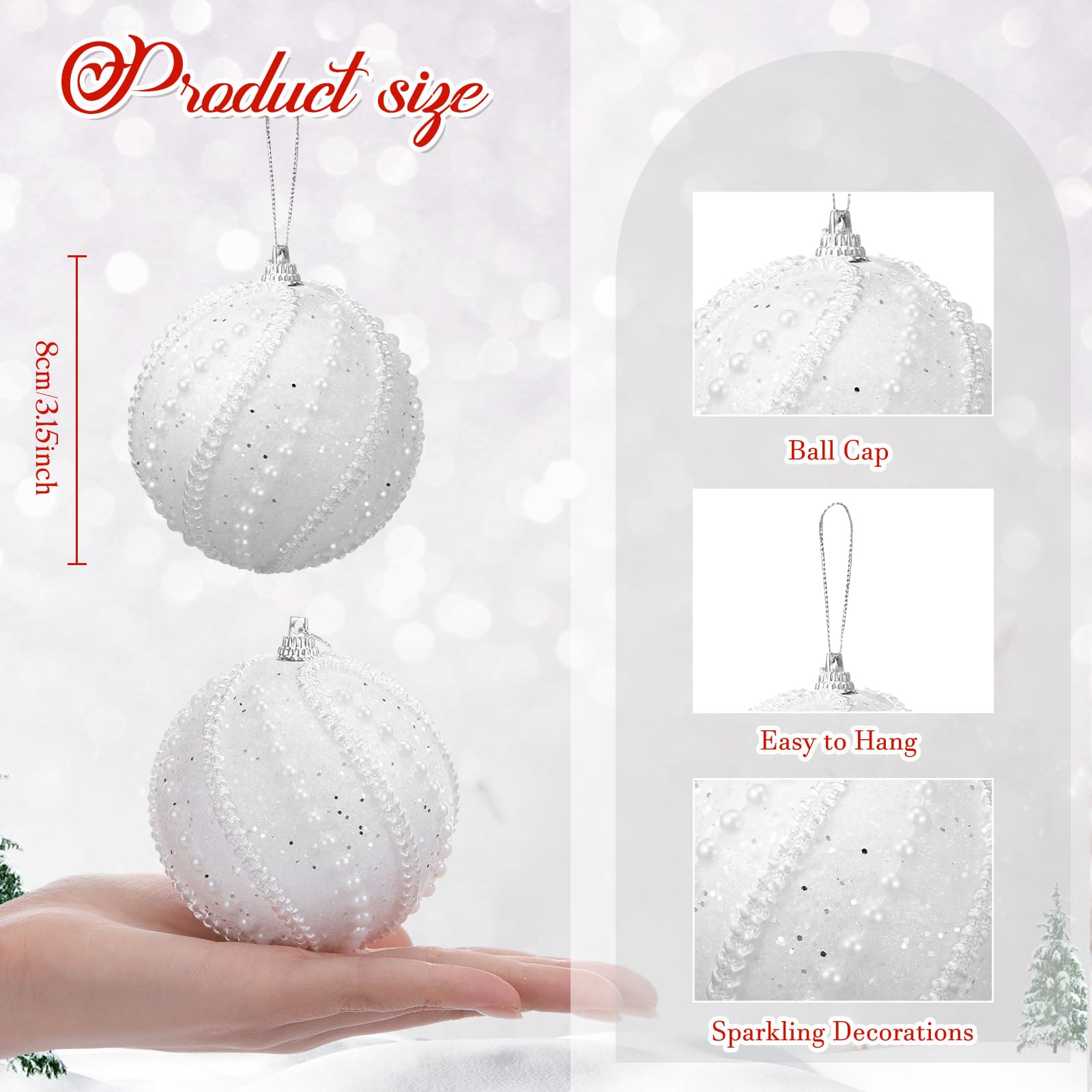 Leitee 12 Pcs 3.15 Glitter Christmas Balls Ornaments Sequin Shatterproof Foam Christmas Tree Decorations Glitter Hanging Pearl B