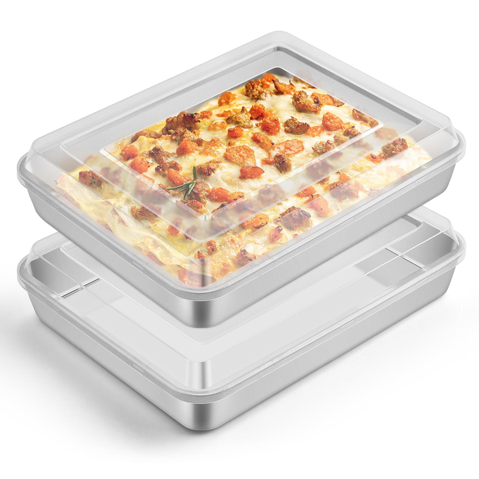 Leonyo Lasagna Pan with Lid, 10.5 x 8 x 2 Inch Rectangular Cake Pan with Lid, Stainless Steel Baking Sheet Brownies Casseroles D