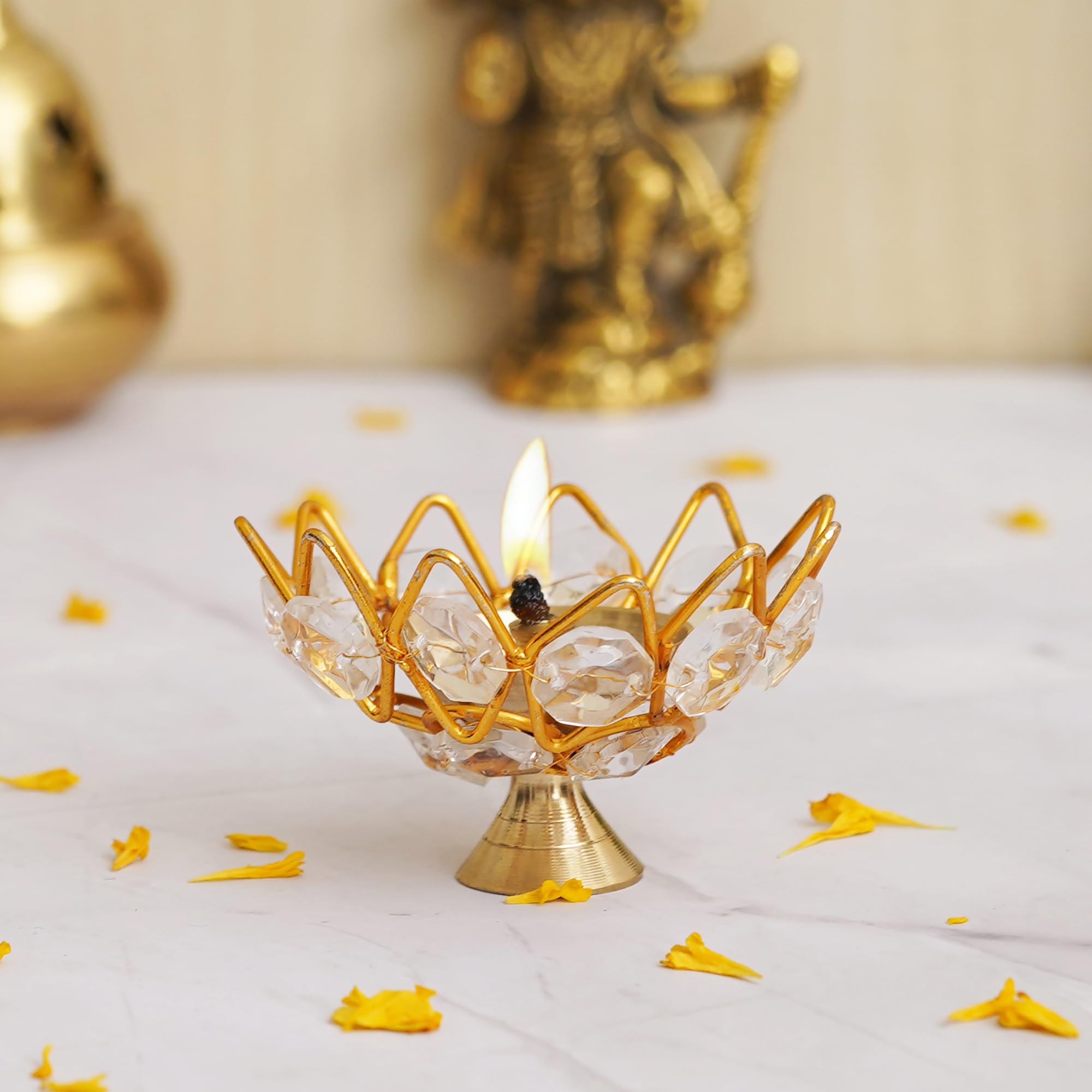 eCraftIndia Lotus Shape Crystal Golden Brass Diya for Diwali, Navratri, Dussehra, and Other Festive Occasions