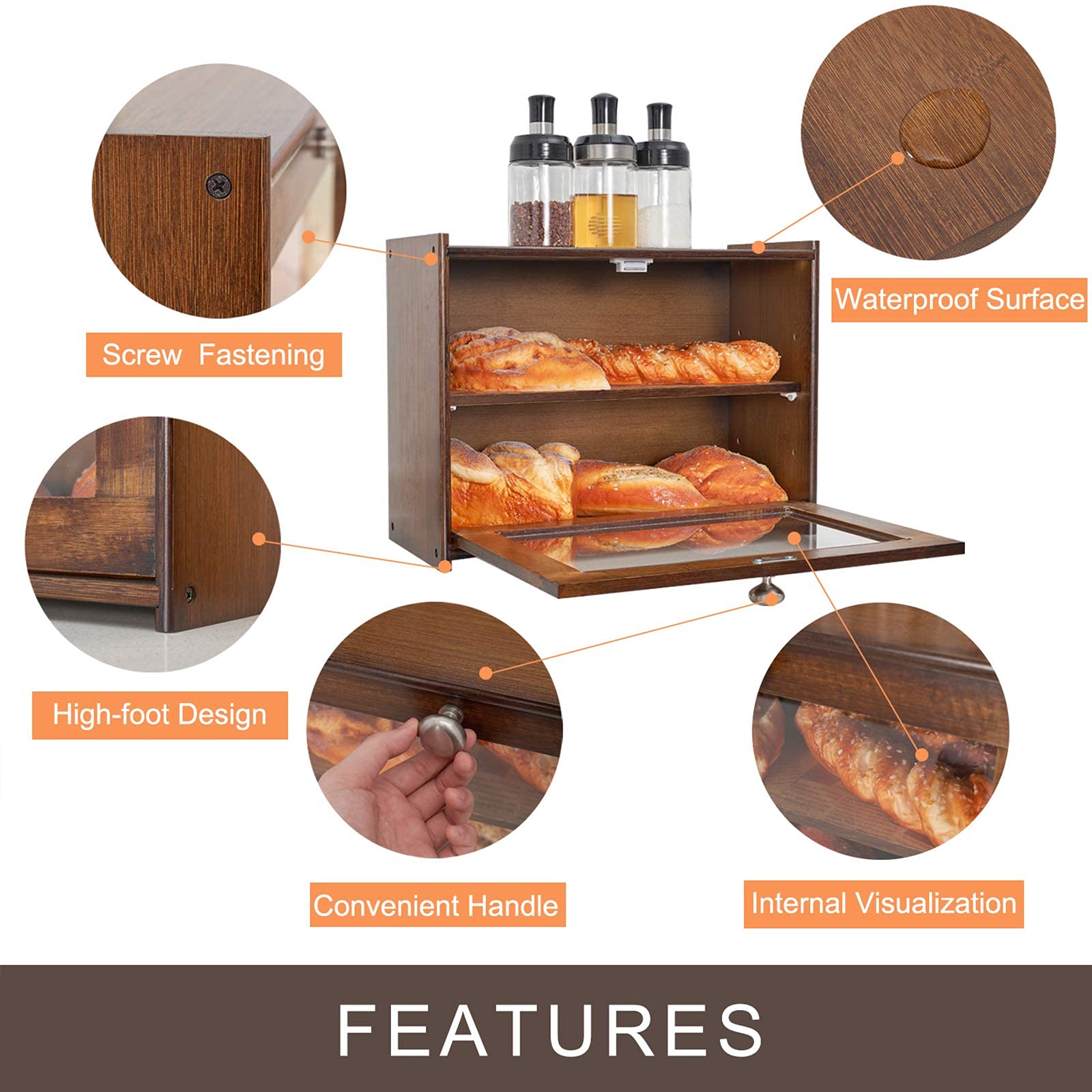 Worthyeah Bamboo Bread Box For Kitchen Countertop, Wooden Bread Storage Box With Transparent Window, 2-Layer Large Capacity Brea