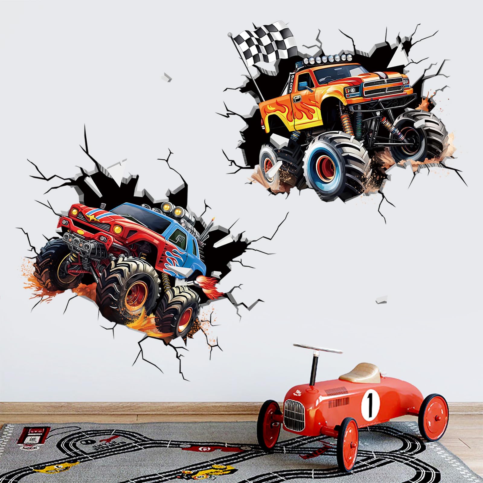 Decalmile 2 Large 3D Racing Cars Wall Decals Trucks Break Through Wall Stickers Boys Bedroom Kids Room Playroom Wall Decor