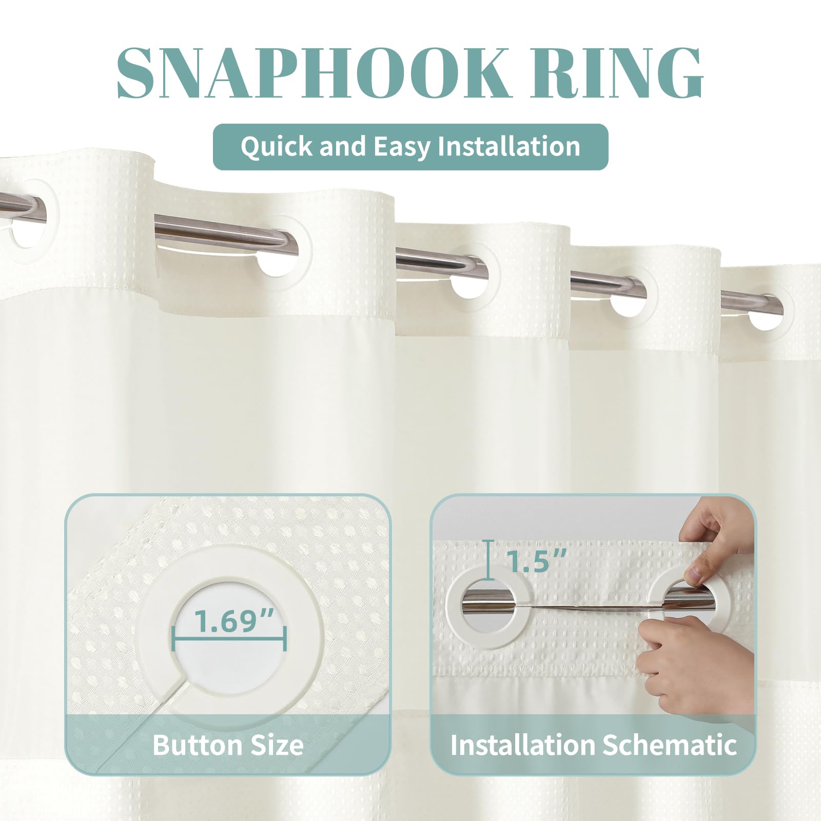 Eachope Cream No Hook Waffle Weave Shower Curtain With Snap-In Liner Replacement, 230Gsm Waterproof Fabric Hotel Shower Curtain