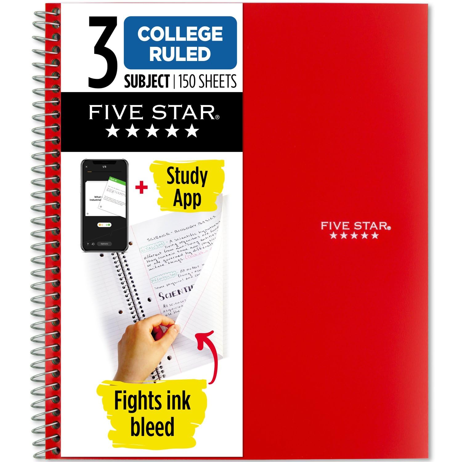 Five Star Spiral Notebook + Study App, 3 Subject, College Ruled Paper, Fights Ink Bleed, Water Resistant Cover, 8-1/2 x 11, 150 