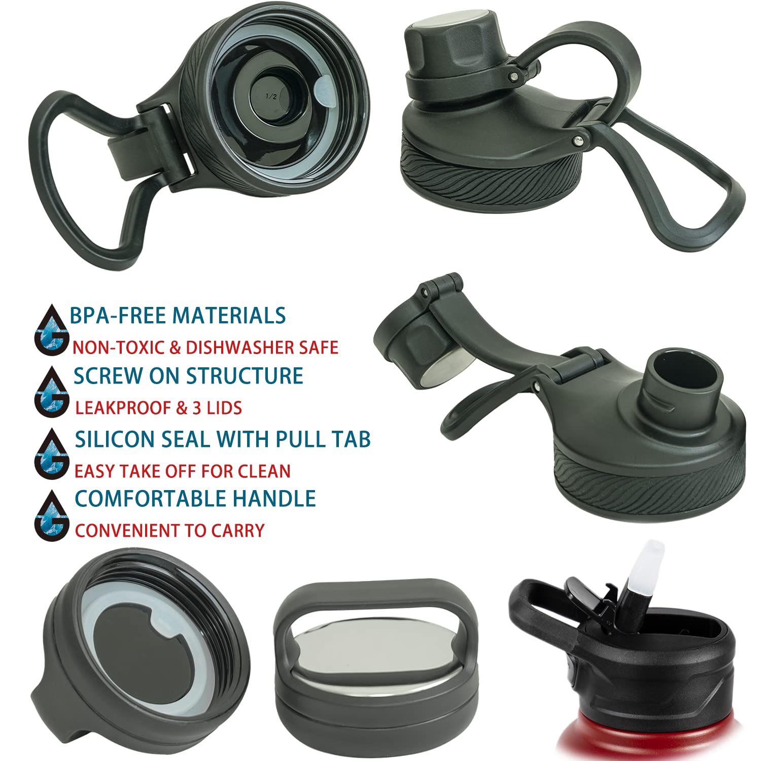 Volcarock Stainless Steel Sports Water Bottle With Straw Lid Dustproof, 3 Lids, 24/32/40/64 Oz Bpa Free Vacumm Insulated Water B