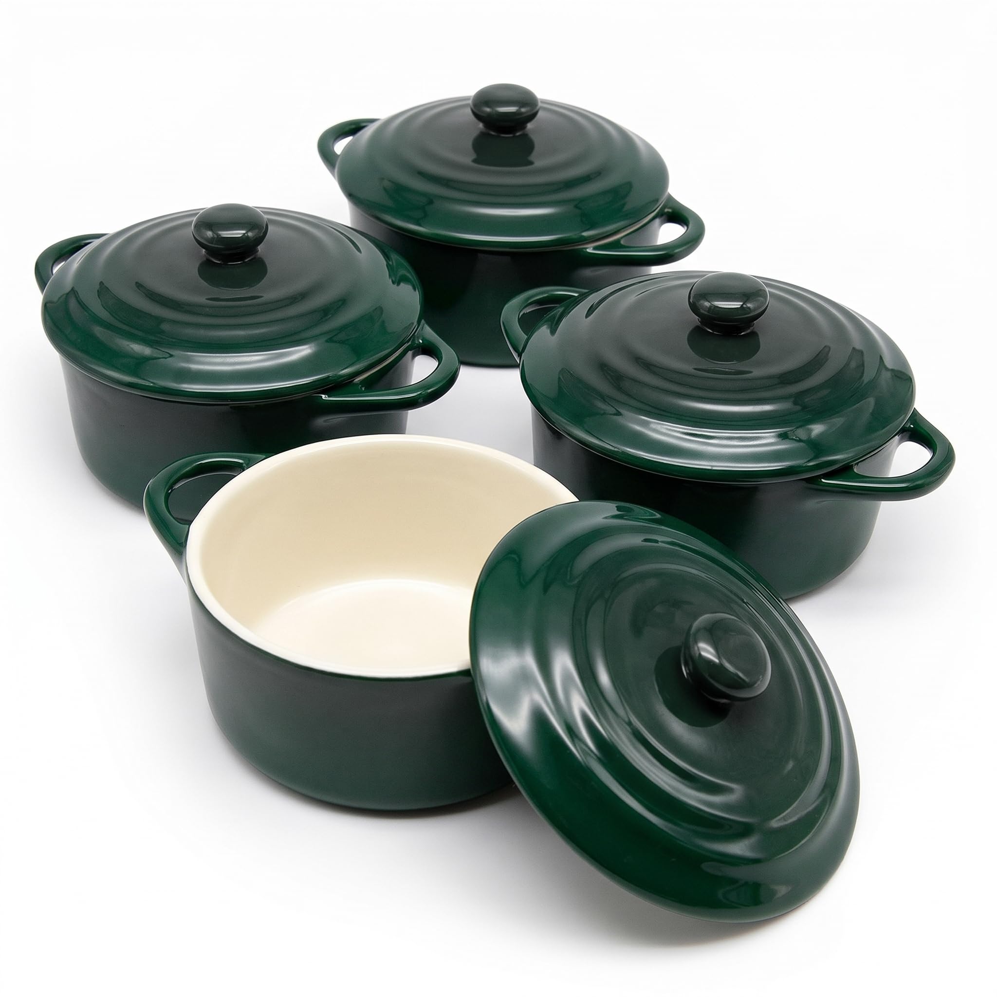 Kook Mini Cocotte, Lids, Handles, Dutch Oven, Set of 4, 12 oz, Forest Green