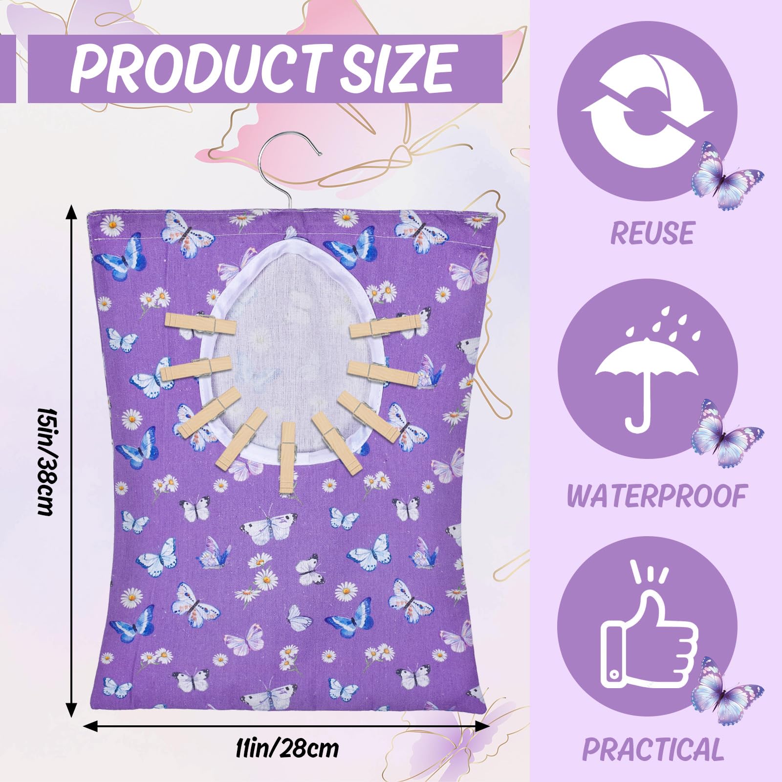 Whaline 2 Pcs Clothespin Bag With Hanging Hook Watercolor Butterfly Laundry Clothes Pin Holder Waterproof Clothespin Storage Org