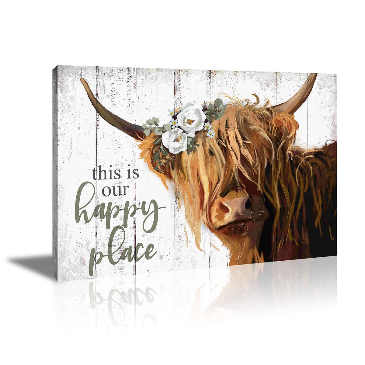 Highland Cow Wall Art - This Is Our Happy Place Inspirational Canvas Poster For Home - Long Haired Scottish Cow With White Flowe