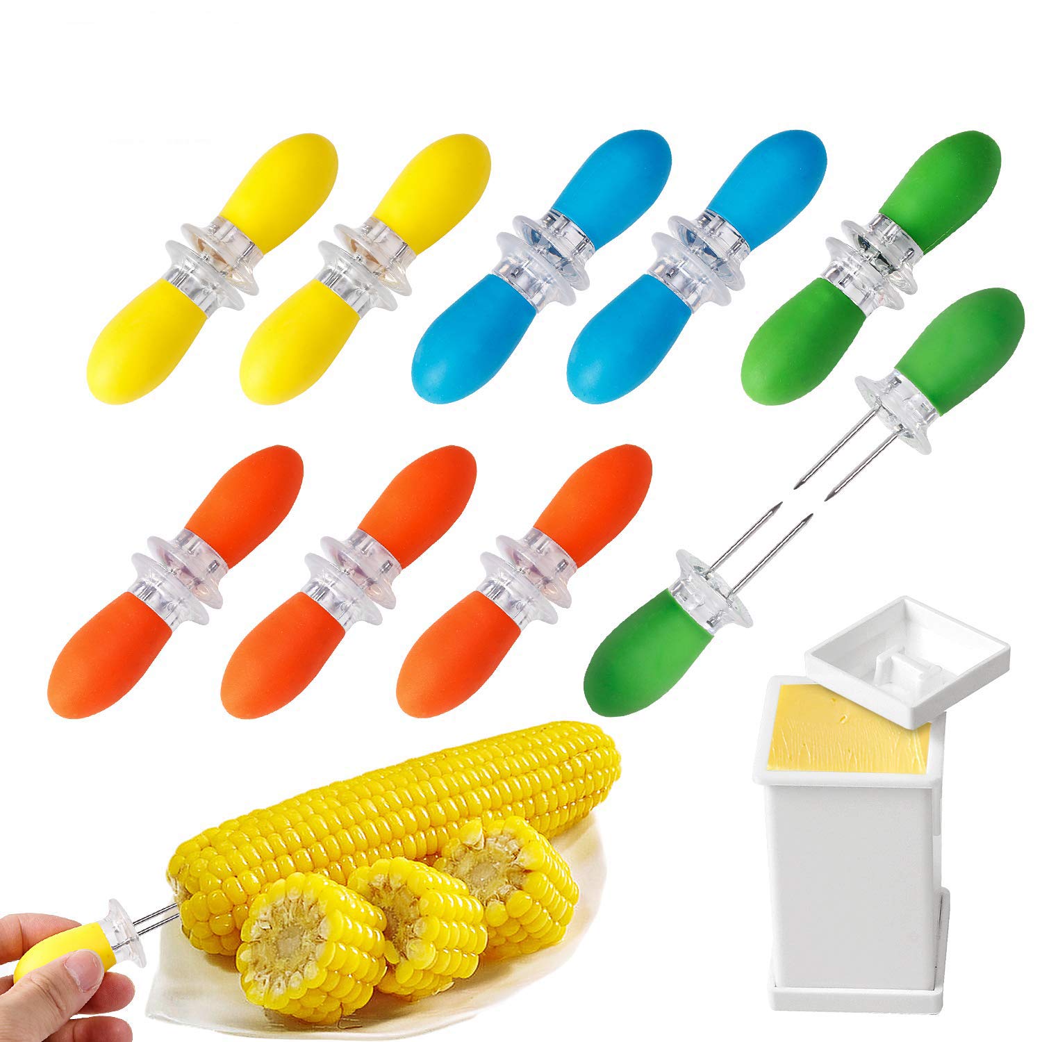 Augsun 18 Pcs Stainless Steel Corn Cob Holders With Silicone Handle & Convenient Butter Spreading Tool