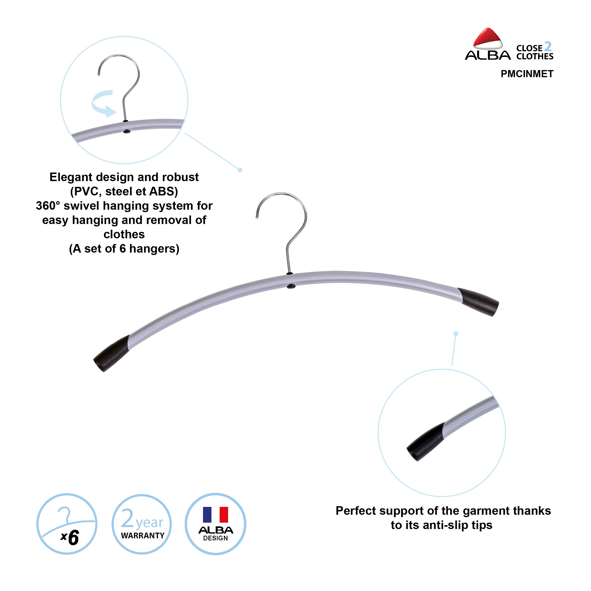 Alba Metallic Coat Hangers, Set Of 6, Metallic Gray With Black Accents (Pmcinmet)