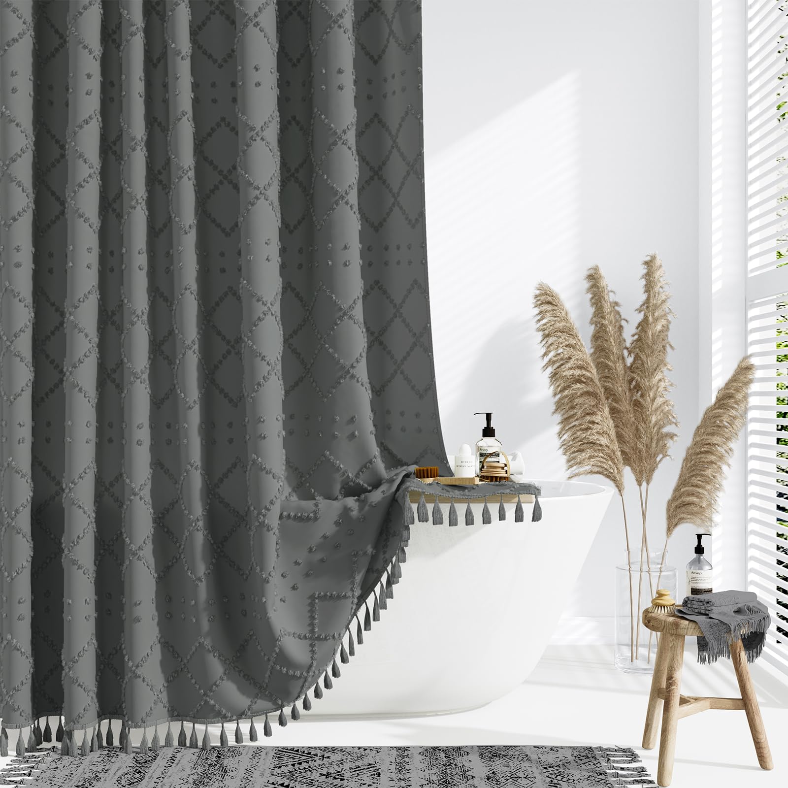 Dynamene Charcoal Grey Fabric Shower Curtain, Boho Tufted Geometric Striped Tassel Shower Curtain For Bathroom, Shabby Chic Text