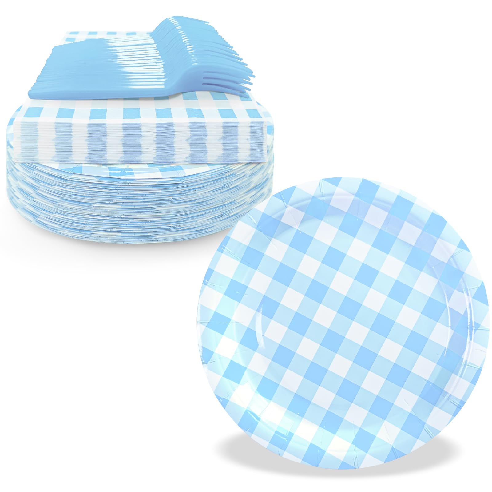 WYQJHKV 105 Pcs Light Blue Gingham Party Supplies Include 7 Inch Disposable Light Blue Dessert Paper Plates and Napkins for Wedd