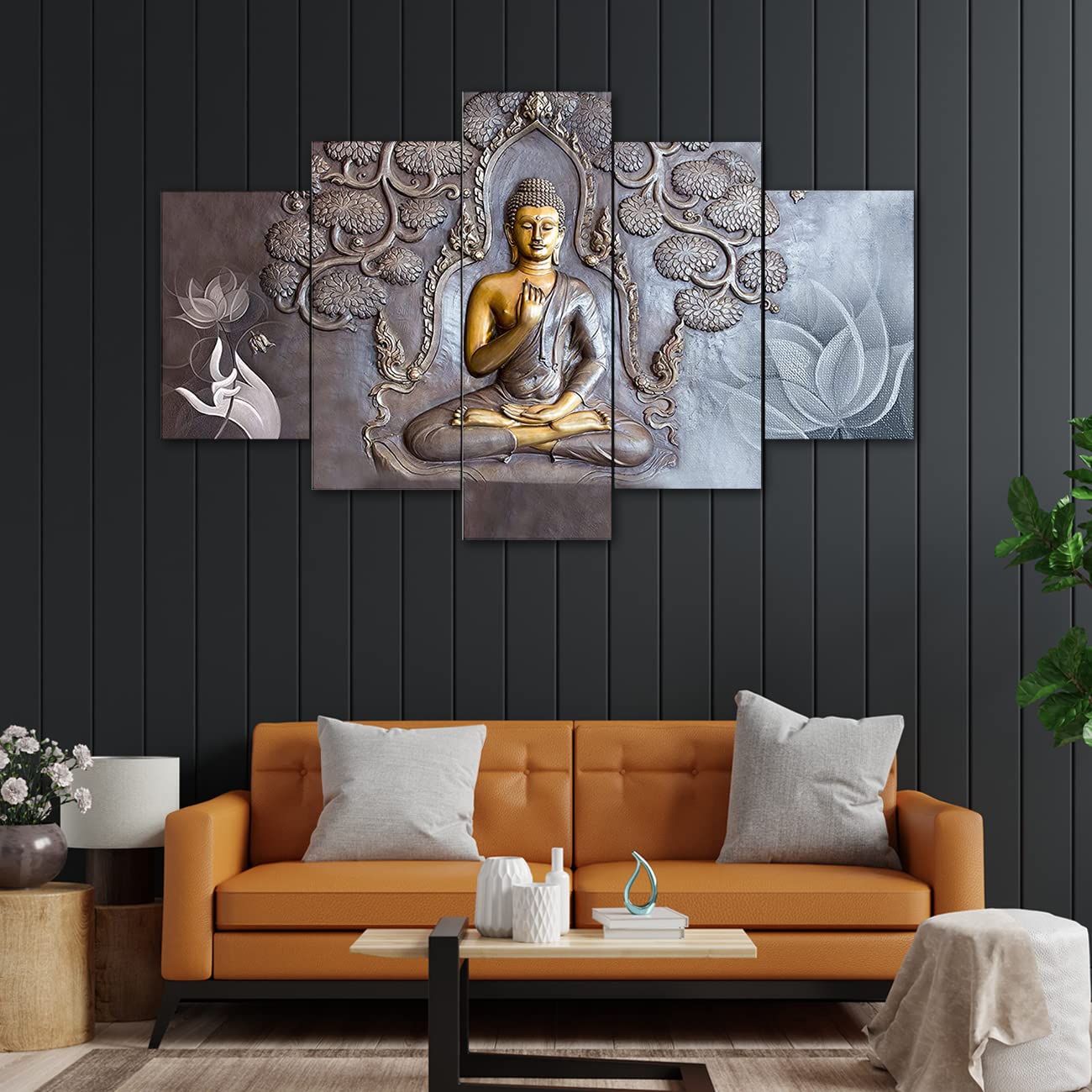 Perpetual Buddha Wall Painting For Living Room - Set Of 5, 3D Scenery Wall Painting For Bedroom Large Size With Frames For Wall 