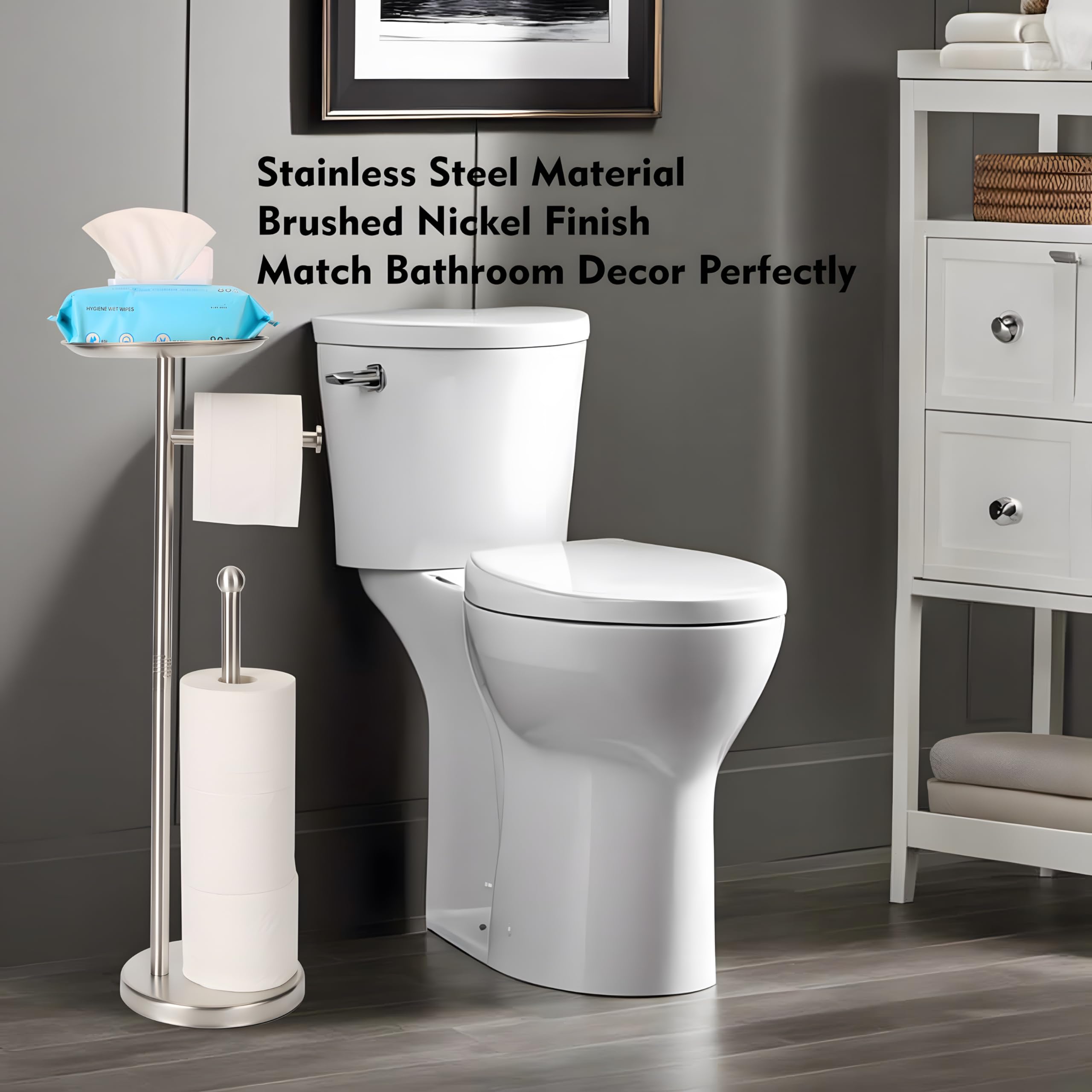Noonext Toilet Paper Holder With Stainless Steel Tray At The Top For Bathroom, Heavy Base No Tipping Over (Stainless Steel, Brus