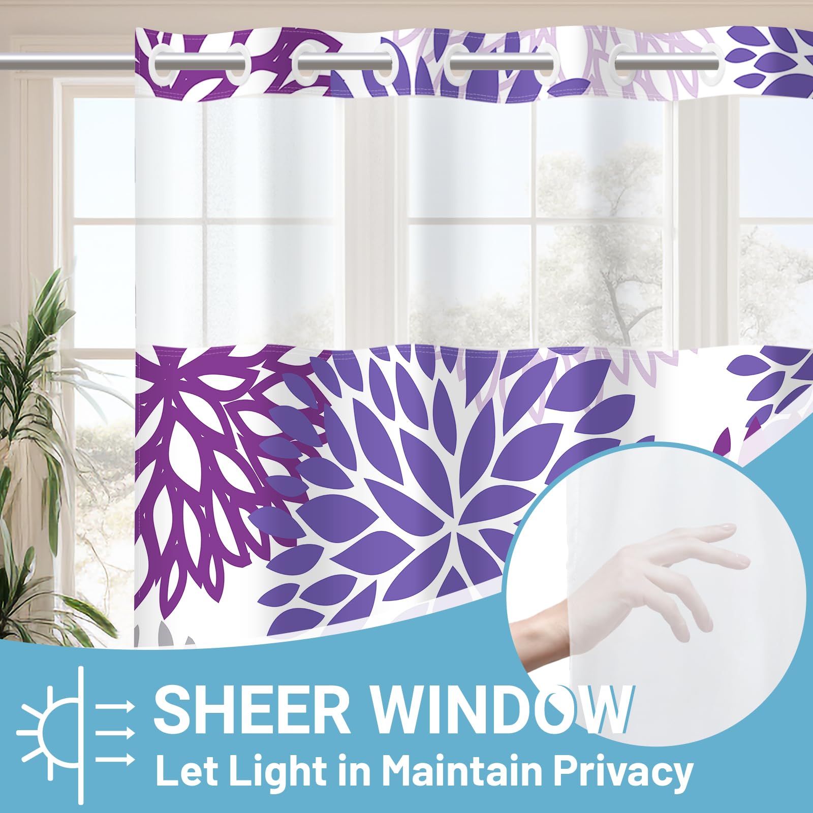 Withloc No Hook Shower Curtain With Snap In Liner - Dahlia Floral Shower Curtain - Fabric Waterproof Inner Liner, Plants Purple