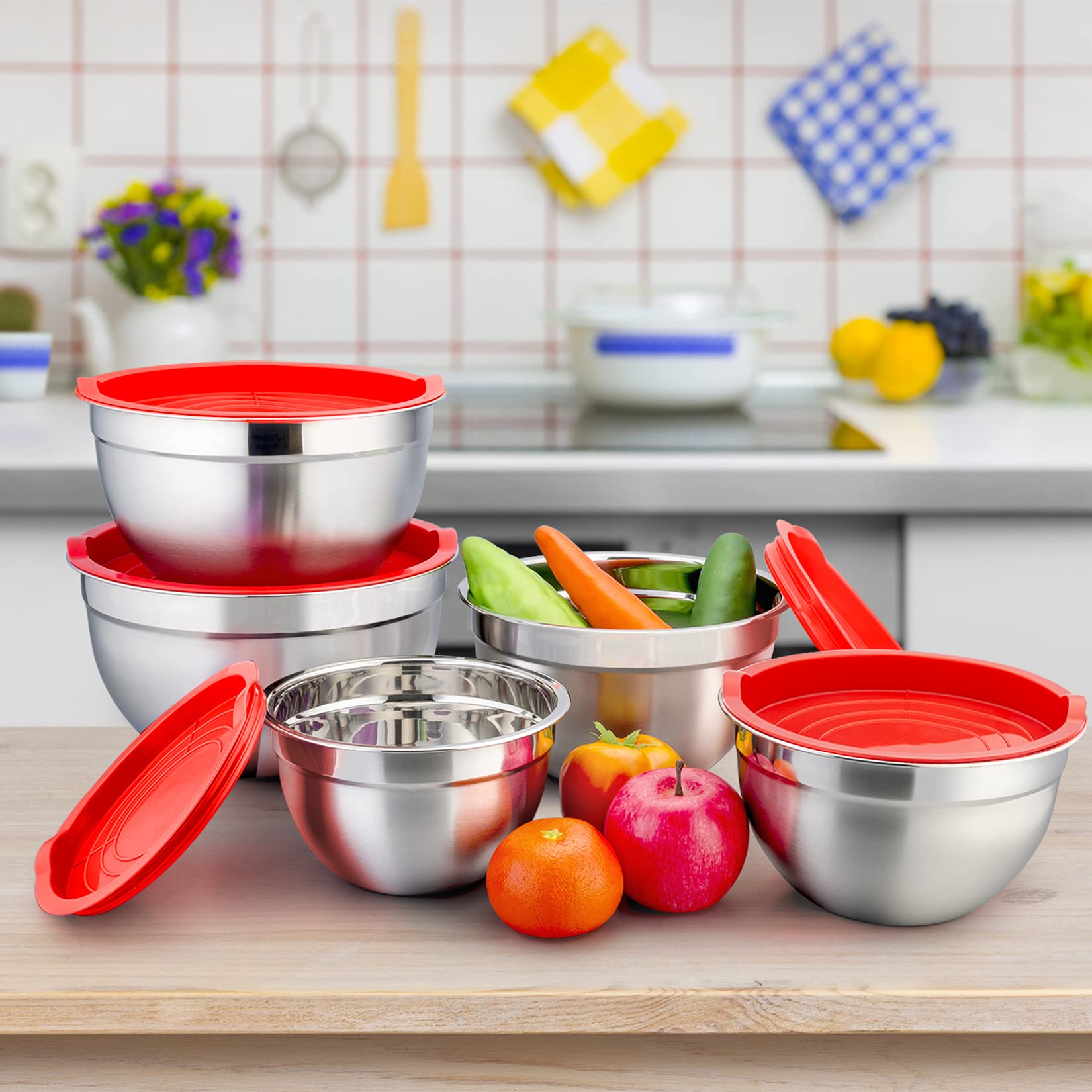P&P Chef Mixing Bowls With Red Lids Set, Stainless Steel Mix Nested Bowl For Salad Fruits Egg Cream Mixing, Size 4.6, 3, 1.5, 1,