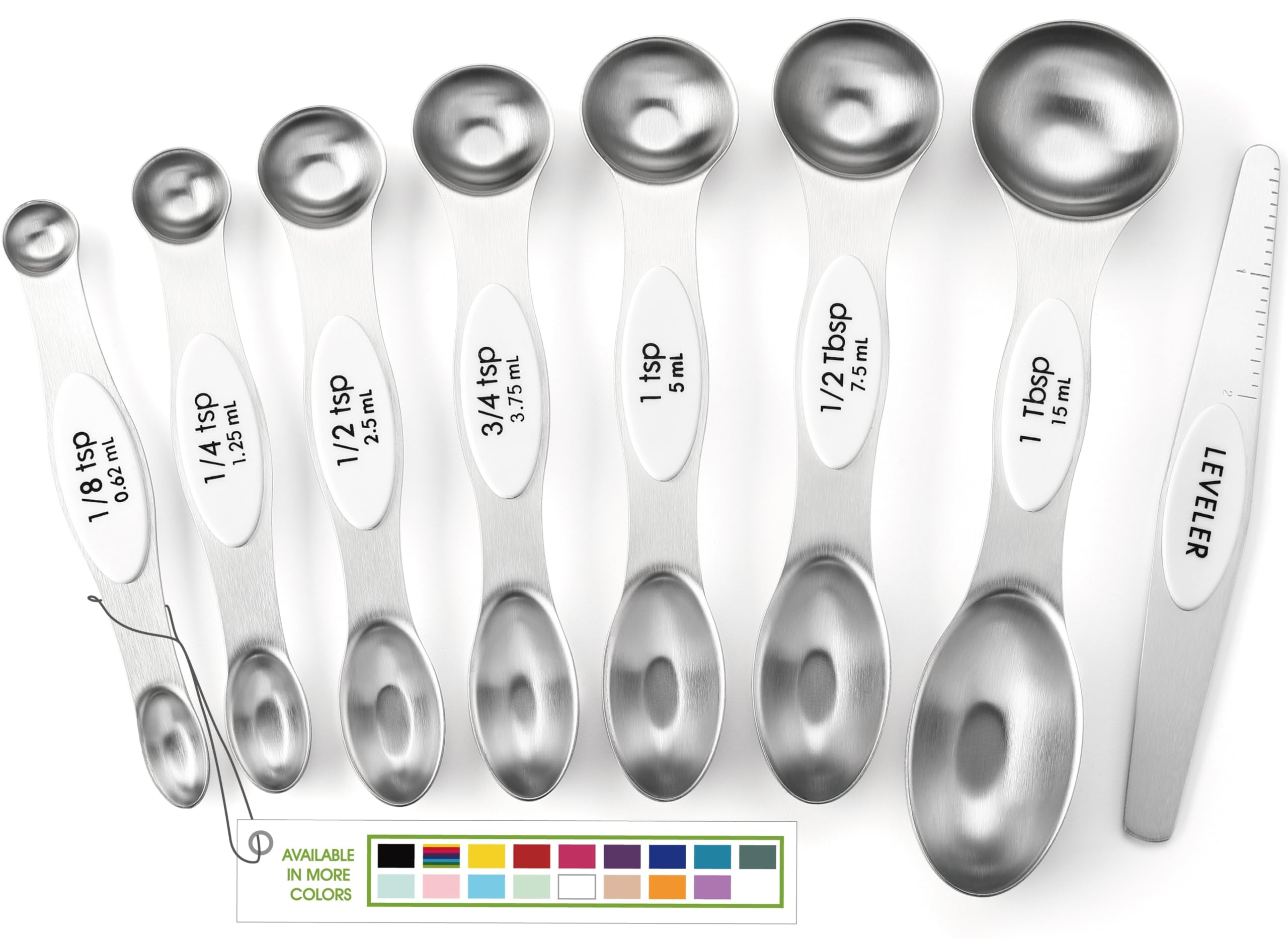 Spring Chef White Stainless Steel Magnetic Measuring Spoons Set Of 8 With Leveler, Dual Sided Metal Teaspoon & Tablespoon Measur