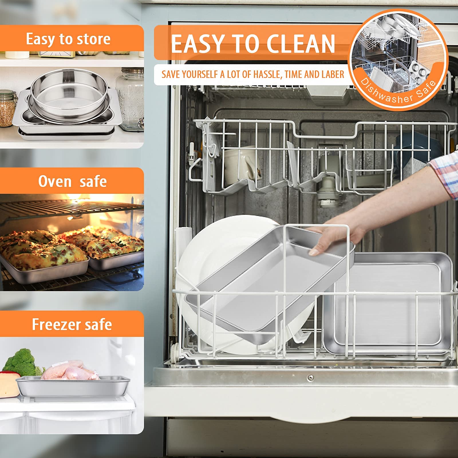Toaster Oven Bakeware Set, E-Far 8-Piece Stainless Steel Small Baking Pan Set, Include 6-Inch Cake Pan/Rectangle Baking Pan/Cook