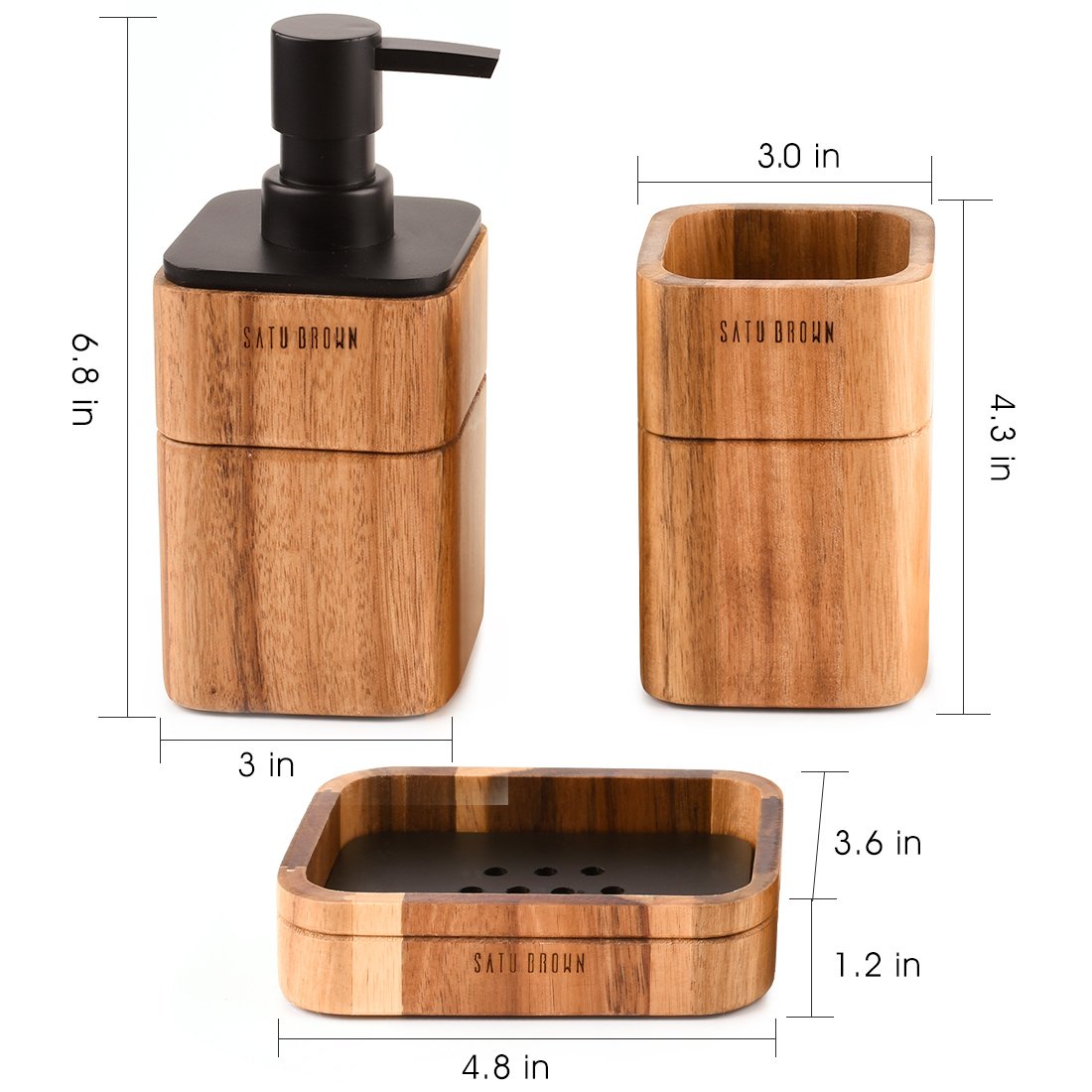 Satu Brown Acacia Wood Bathroom Accessory Set - 3 Pieces Soap Dispenser, Tumbler, Soap Dish - Elegant Bathroom Decor Gift