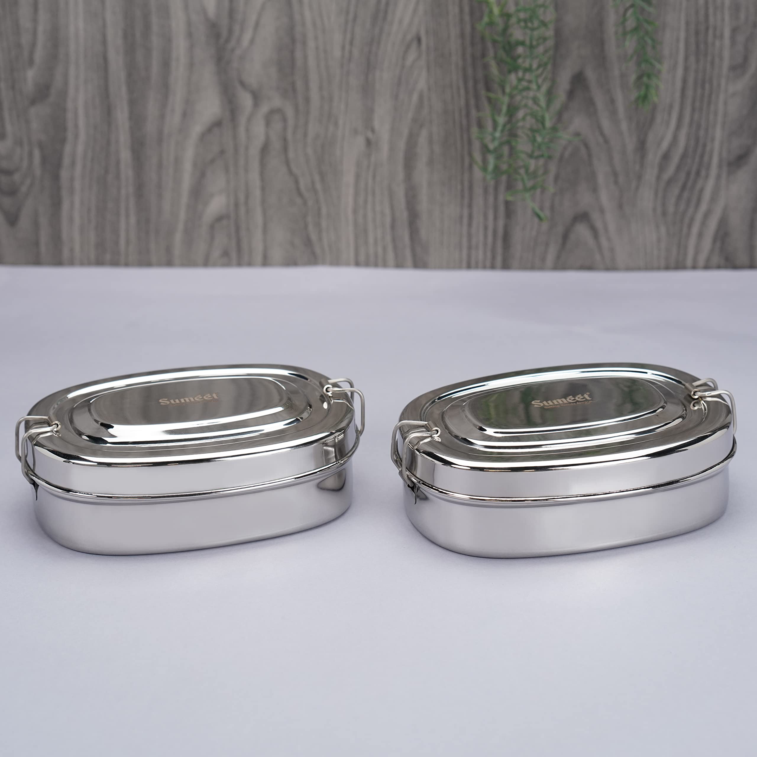 Sumeet Stainless Steel Rectangle Lunch Box/Tiffin With 2 Compartments And Locking Clip, Set Of 2 Pcs, 650Ml, Ideal For 2 Person 