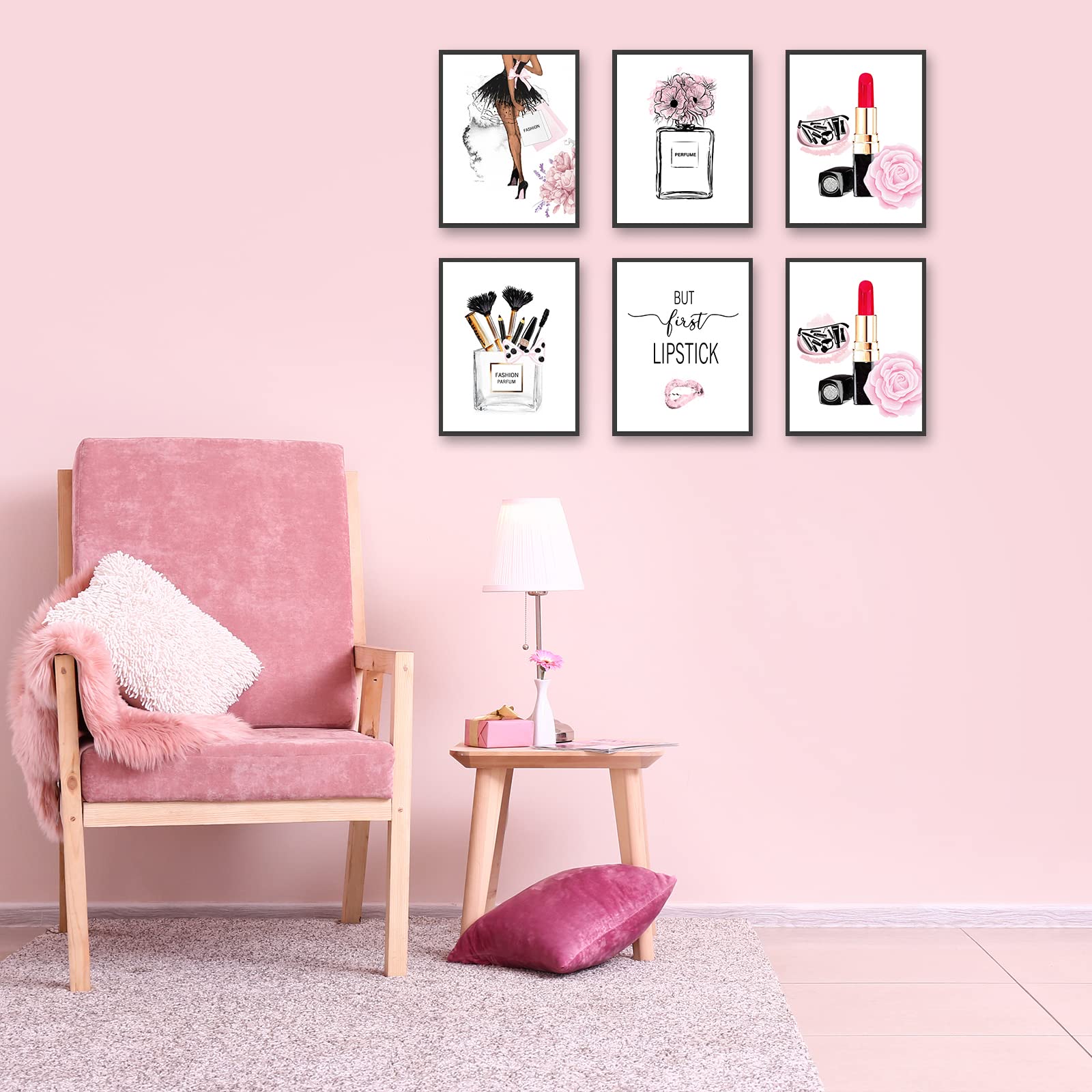 Hoozgee Fashion Wall Art Prints Set Of 6 Pink Makeup Perfume Lipstick Artwork Pictures Canvas Posters Girls Room Decor For Bedro