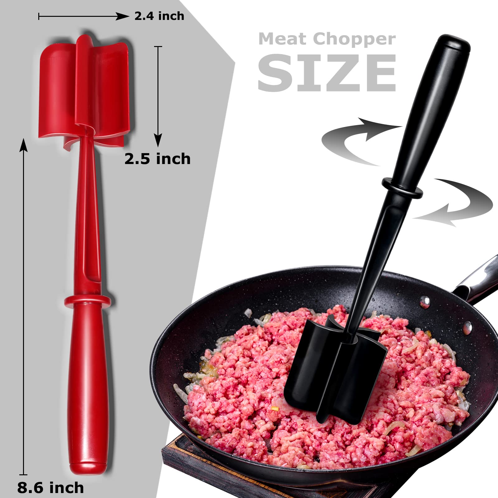 Kewjug 2 Pack Multifunctional Meat Masher ,Hamburger Chopper, Potato Masher,Ground Beef, Kitchen Tool (Black&Red)