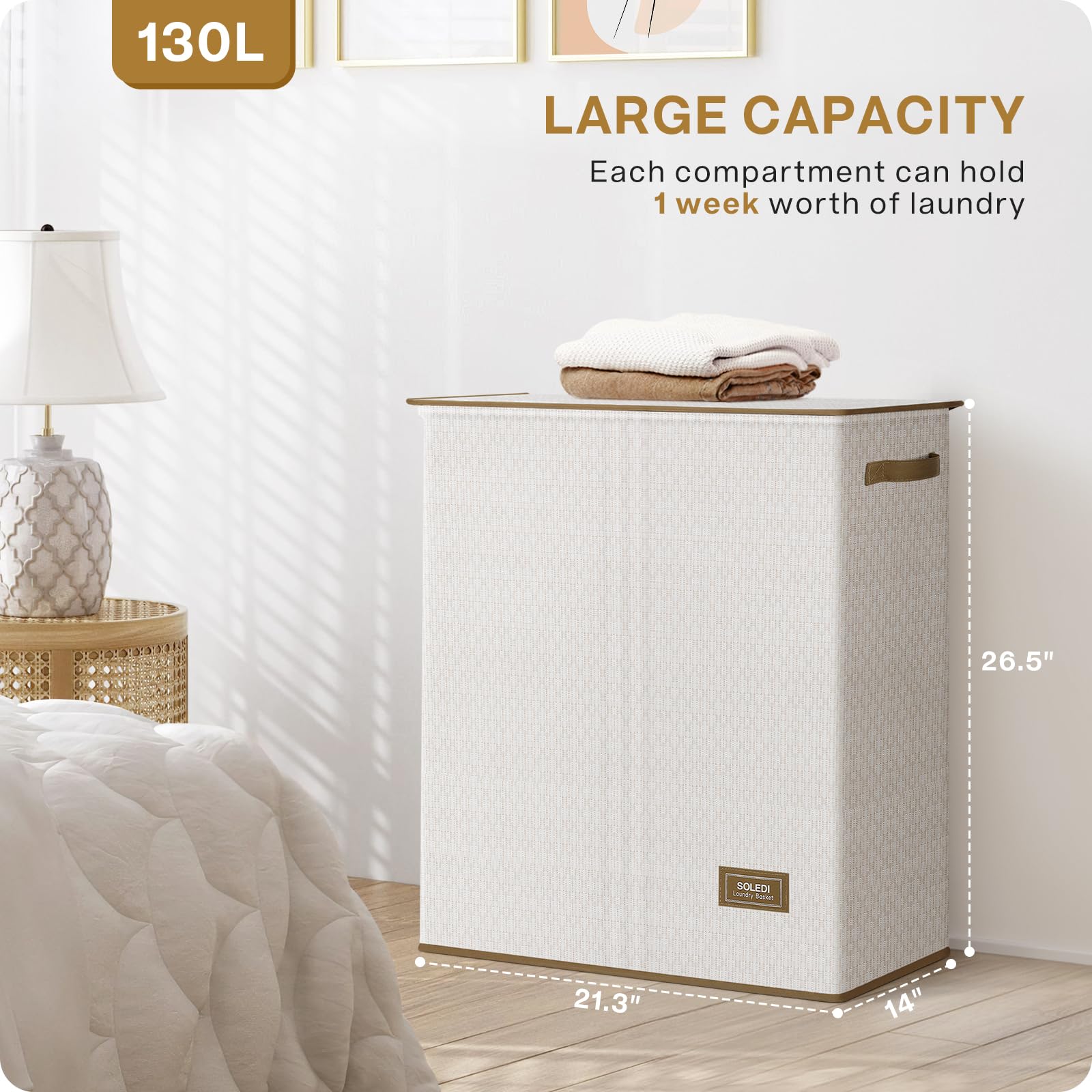 Soledi Double Laundry Hamper With Lid 34 Gal (130L) Water-Resistant, High-Tenacity Material Collapsible Laundry Basket With 2 Re