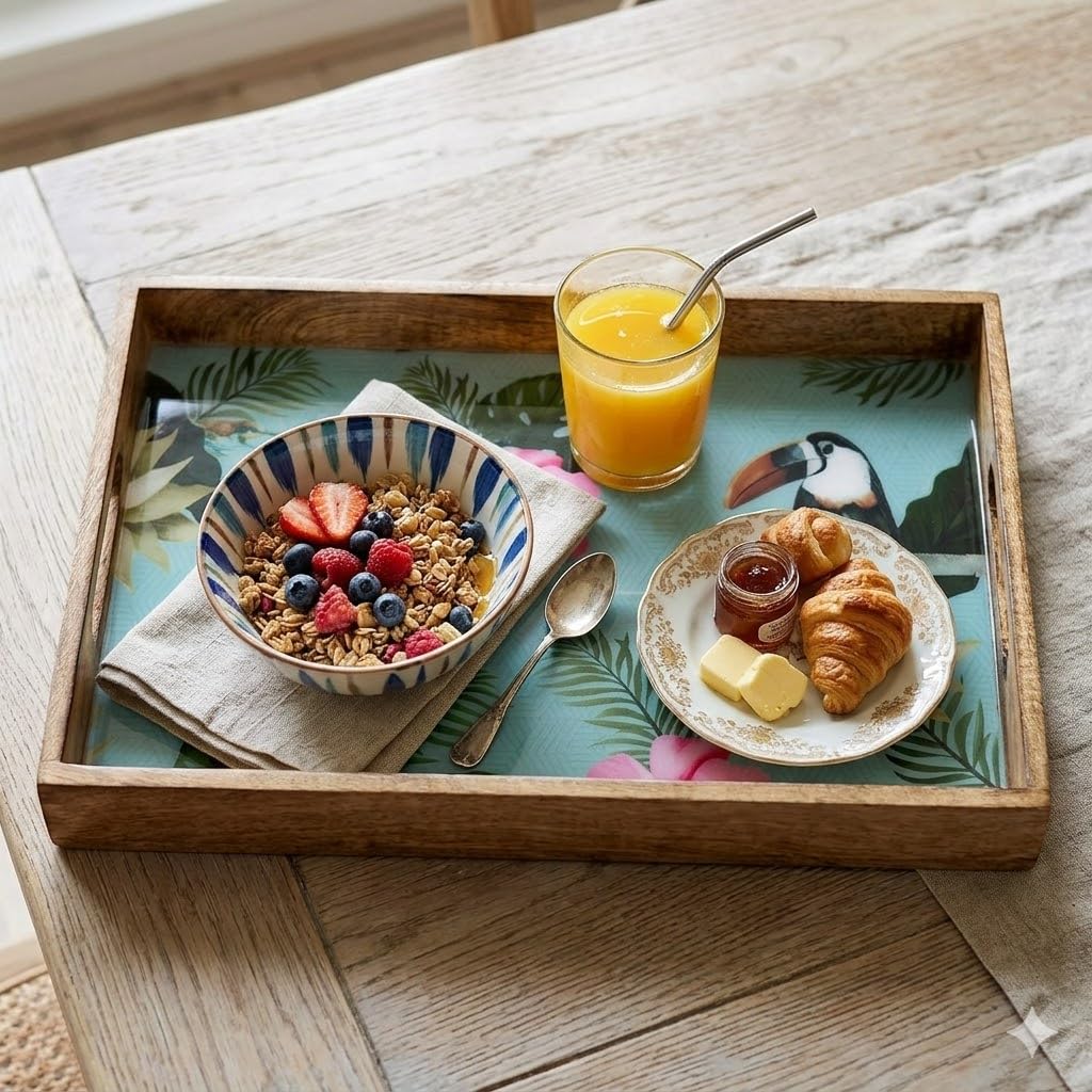 Saaga Rectangle Deep Dish Tray With Double Handles  15 X 10 Inch Mango Wood Serving Tray | Printed Snack Server For Kitchen, Di