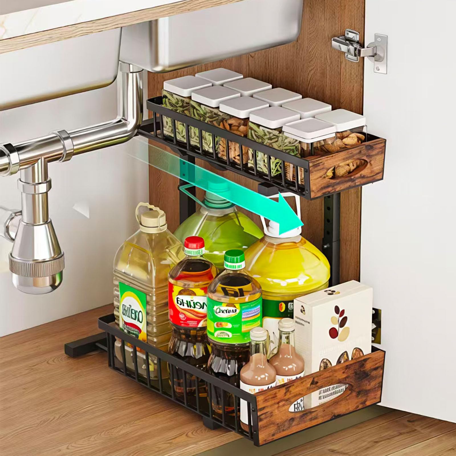 Adjustable Under Sink Organizer, 2Tier Pull Out Cabinet Storage Drawer, Heavy Duty Sliding Shelf with Wooden Handle, Space Savi