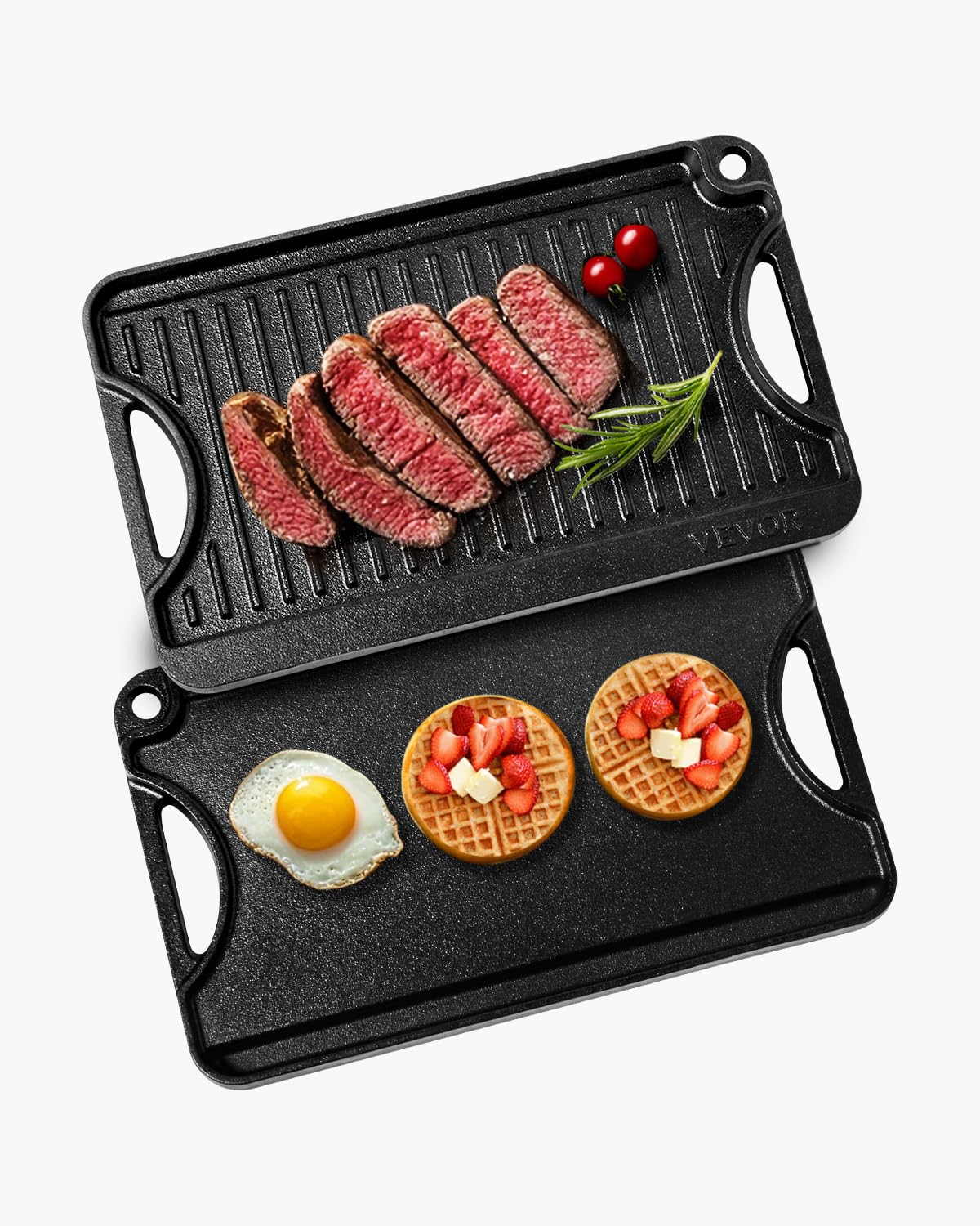 VEVOR Reversible Grill/Griddle, 14x8.5 inch Pre-Seasoned Cast Iron Griddle, Portable Rectangular Pan with Handle, Family Cookwar