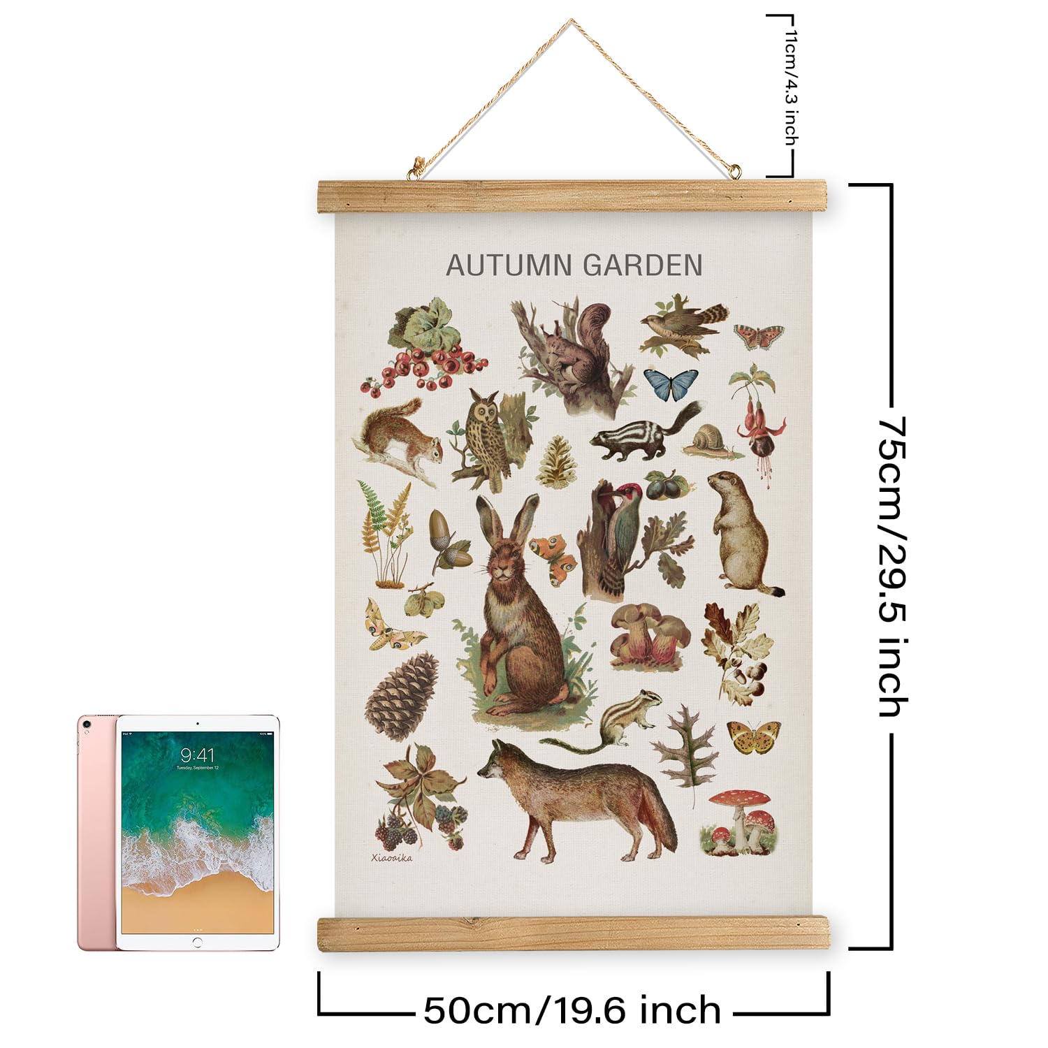 Xiaoaika Autumn Garden Wildlife Poster - Vintage Illustrated Seasonal Fauna And Flora Chart With Wooden Frame - Educational Wall