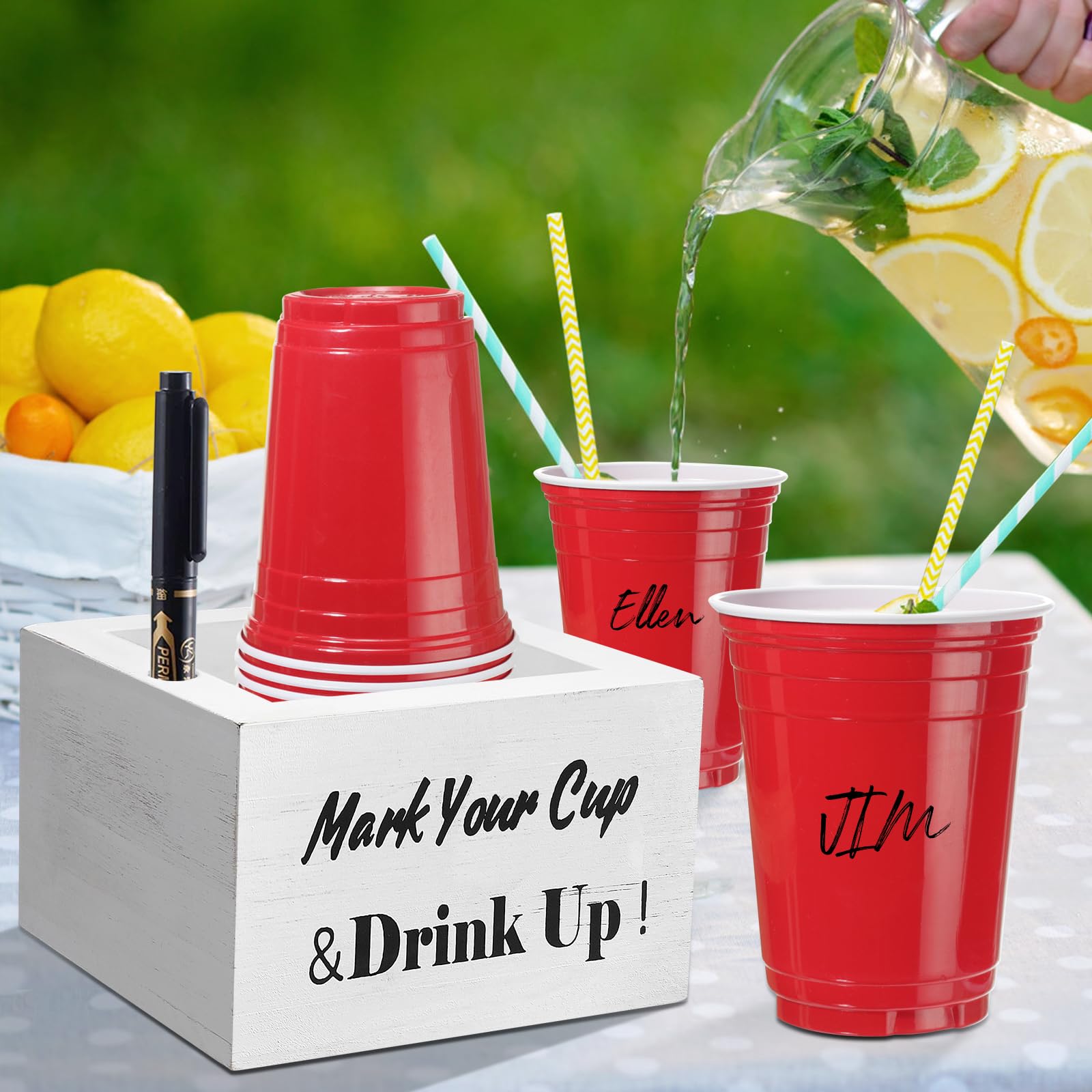 Sllpl Wooden Cup Holder - Party Cup Holder With Marker Slot, Cup Holder For Party And Wedding, Rustic Disposable Cup Holder For