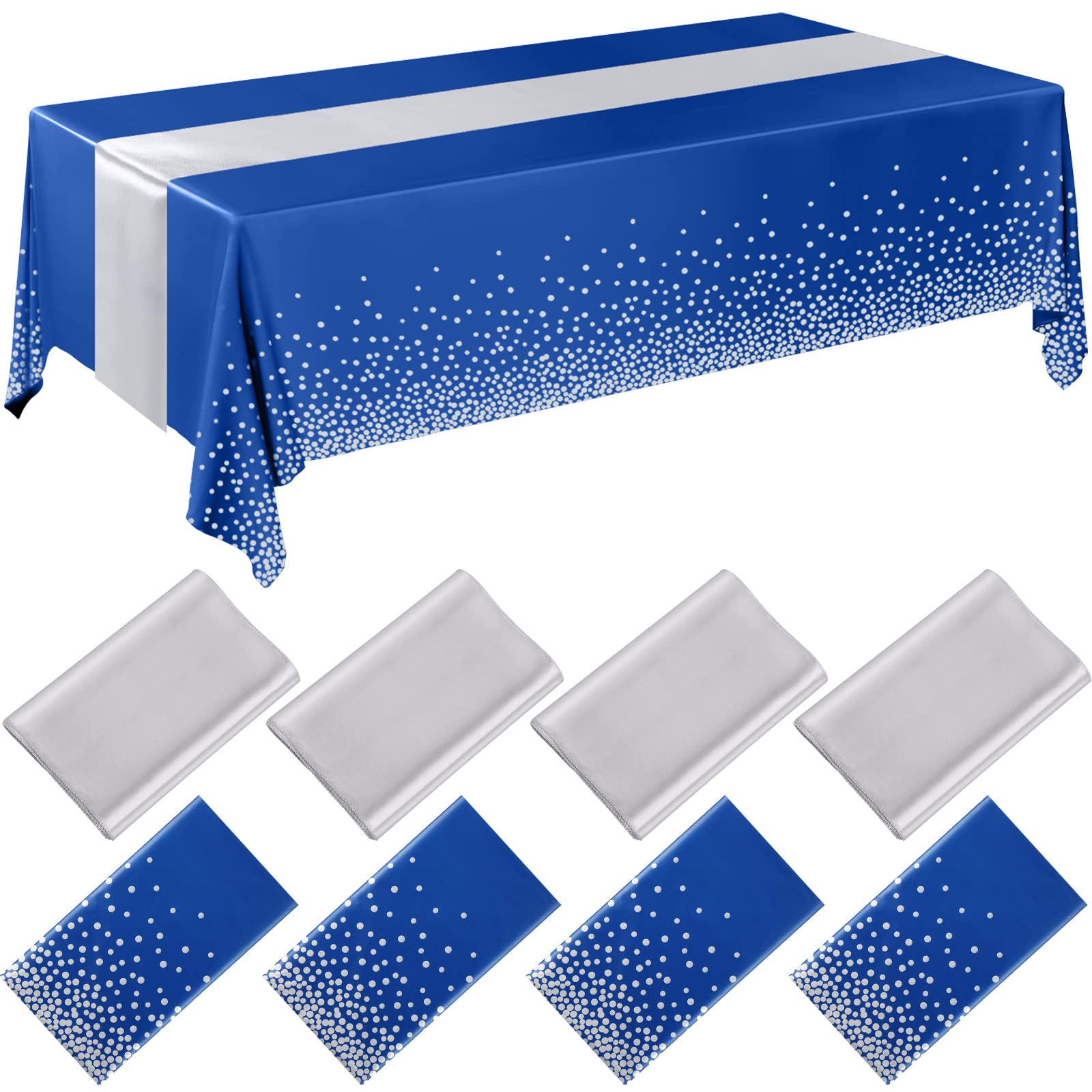 Breling 8 Pack Navy Blue and Silver Disposable Plastic Tablecloths and Satin Table Runner, 54 x 108 Inch Tablecloth, 12 x 108 In
