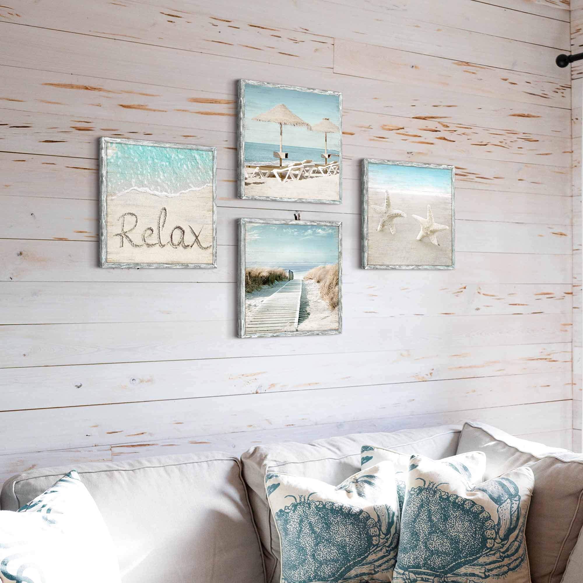 Coastal Framed Wood Wall Art: Beach Picture Seascape Artwork Seaside Prints Starfish Boardwalk Art Collection Wall Decor Set Of