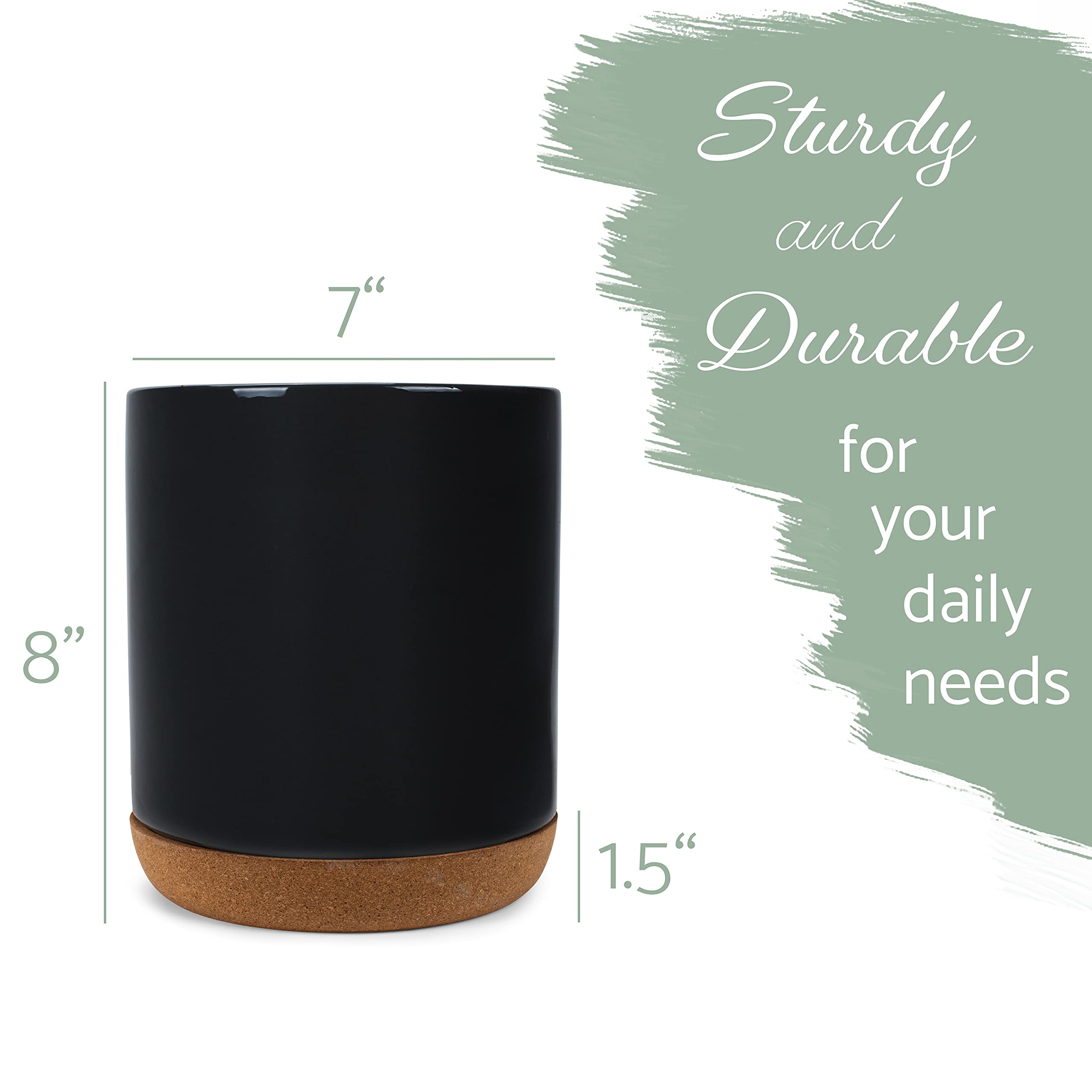 Elanze Designs Glossy X-Large Ceramic Stoneware Cork Bottom Kitchen Utensil Holder, Black