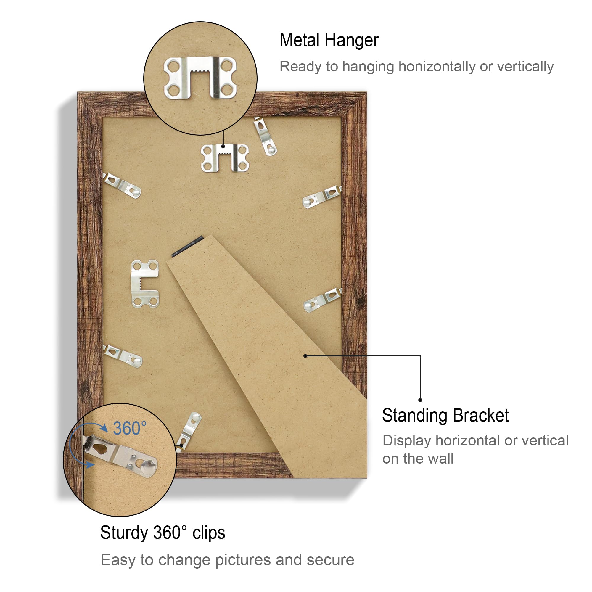 Hongkee 7x10 Picture Frame Set of 4, Made of Real Glass and Rustic Brown Frame - Display Picture 5.5x8.5 with Mat or 7x10 Withou