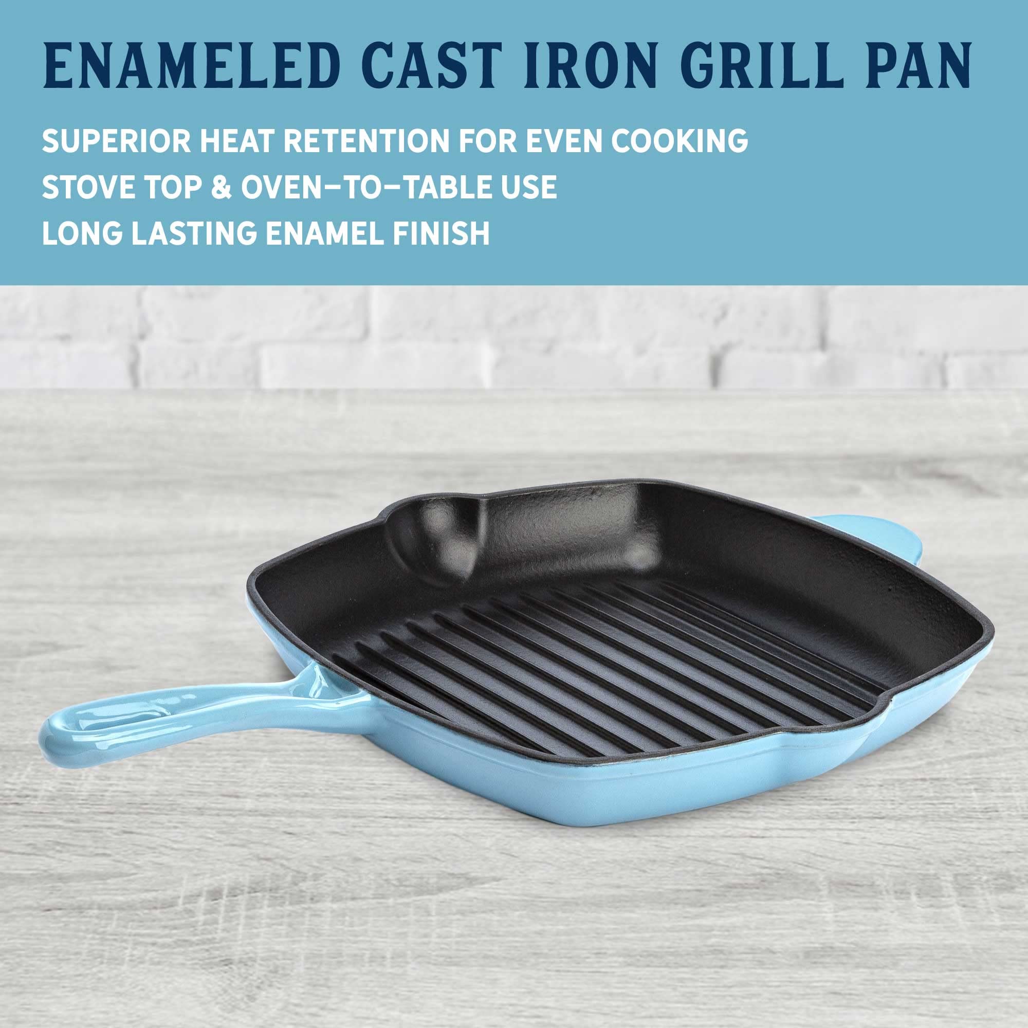 Country Living Enameled Cast Iron Square Griddle Grill Pan With Ridges, Helper Handle And Pouring Spouts For Easy Draining, Indo