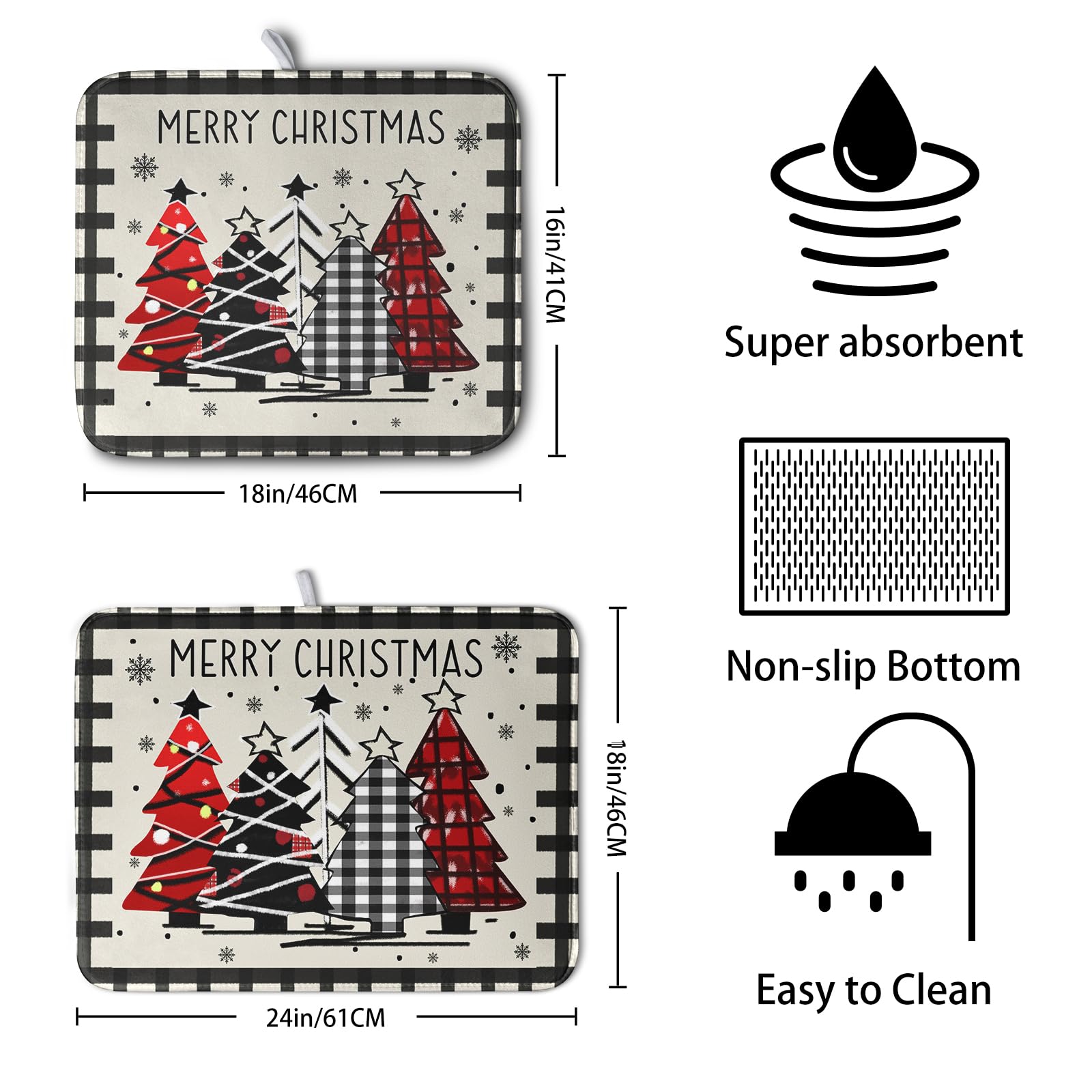 Kwlegh Merry Christmas Dish Drying Mats for Kitchen Counter 16x18 Buffalo Plaid Christmas Tree Microfiber Absorbent Drying Mat S