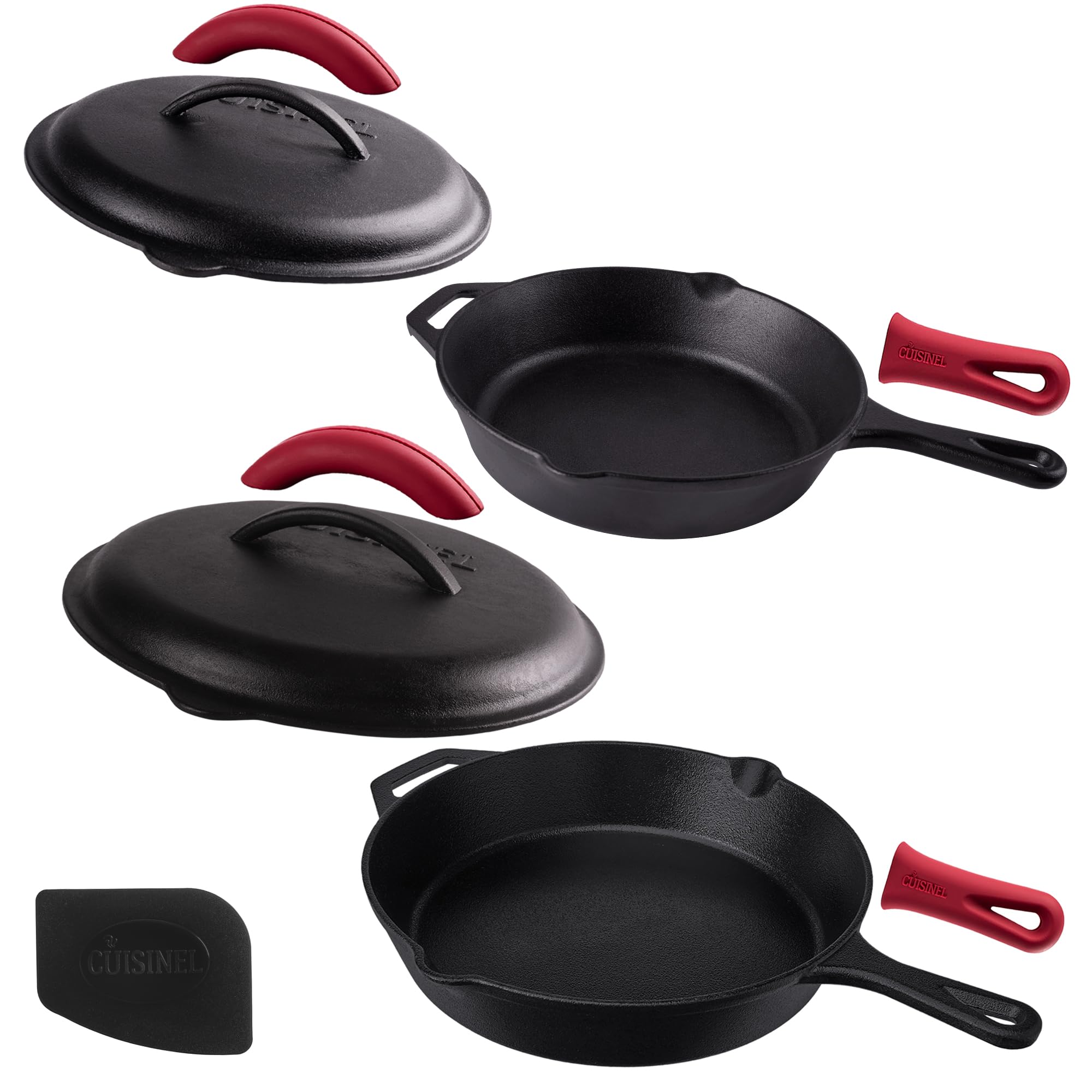 Cast Iron Skillet Set with Lids - 10+12-inch Pre-Seasoned Covered Frying Pan Set + Silicone Handle and Lid Holders + Scraper/Cle