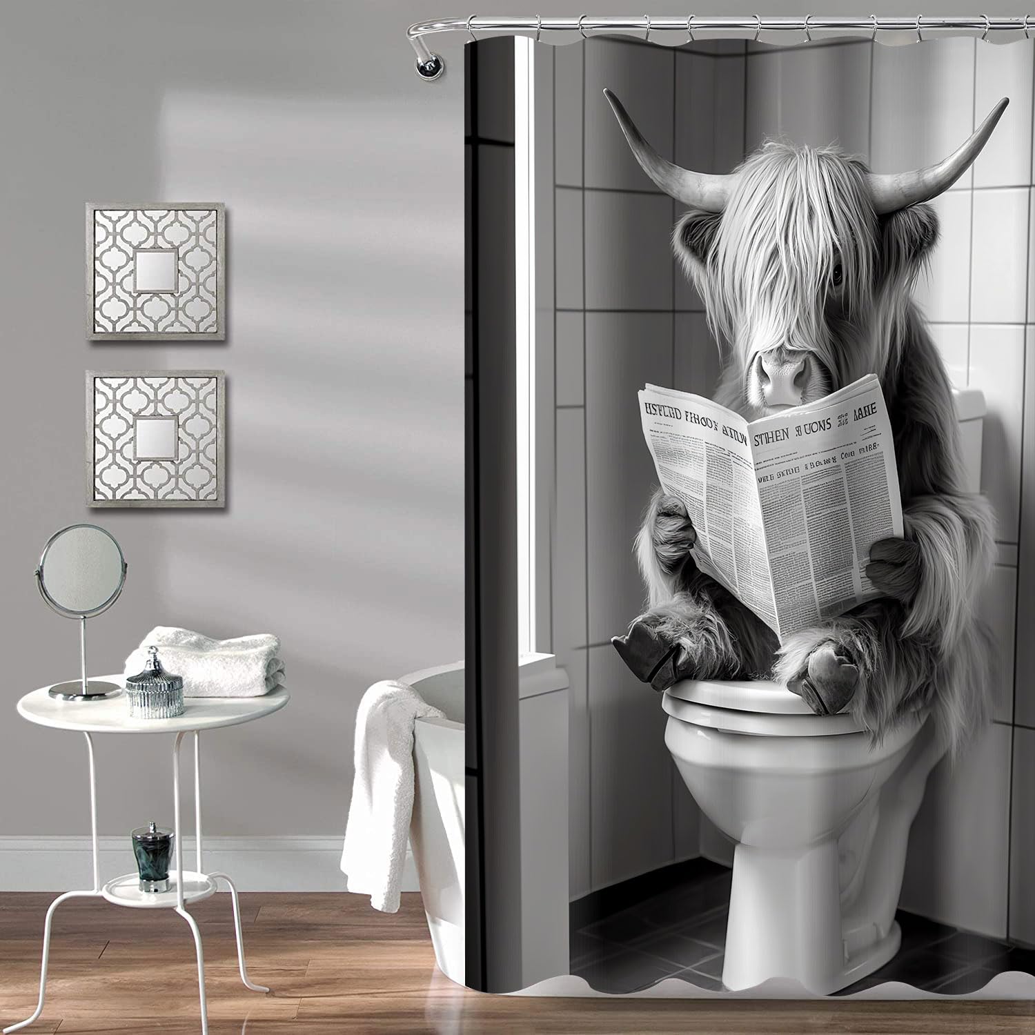 Jawo Funny Shower Curtain Farmhouse Highland Cow Country Shower Curtain Funny Shower Curtains For Bathroom Grey White Cow Sittin