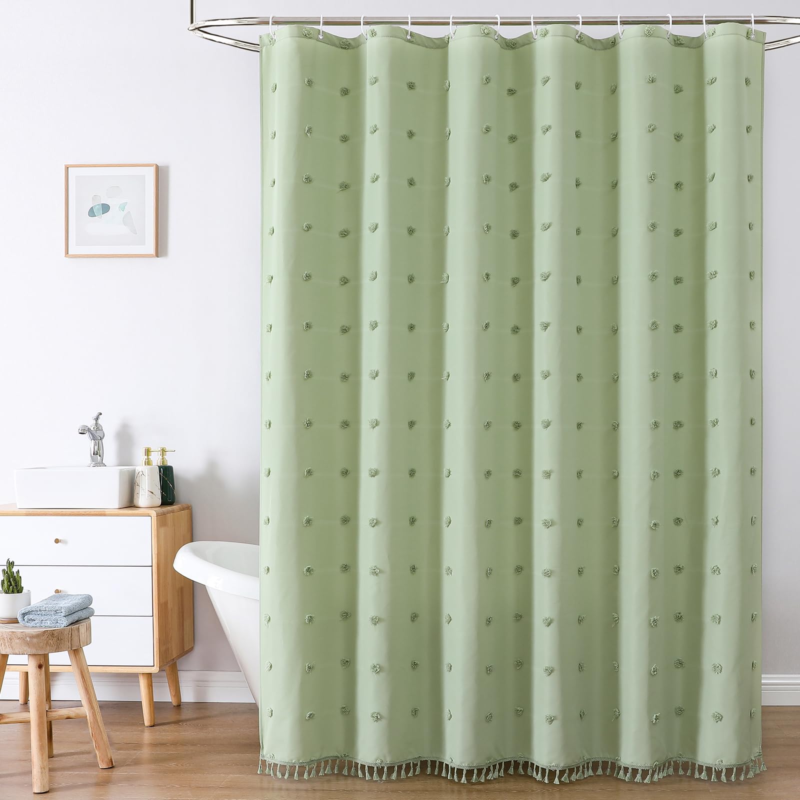 Lilycat Boho Farmhouse Sage Green Fabric Shower Curtain, 72X84 Tufted Pleat Floral Puffs Textured Tassel Cute Rustic Shower Curt