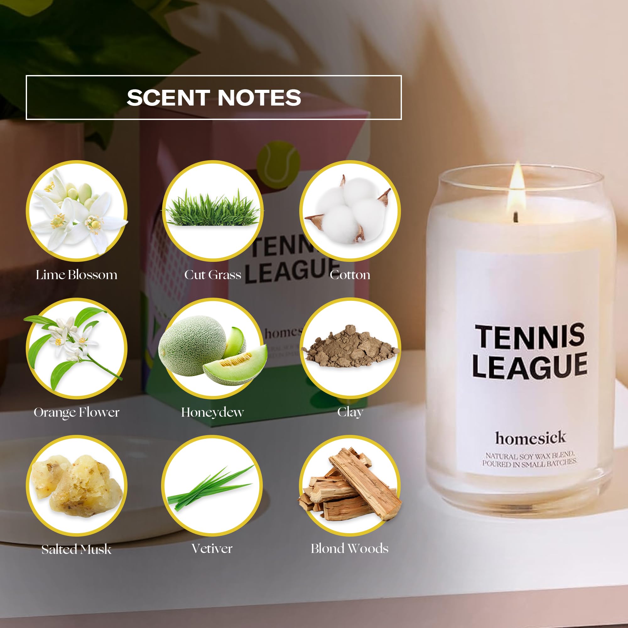 Homesick Premium Scented Candle, Tennis League - Scents of Lime Blossom, Orange Flower, Salted Musk, 13.75 oz, 60-80 Hour Burn,