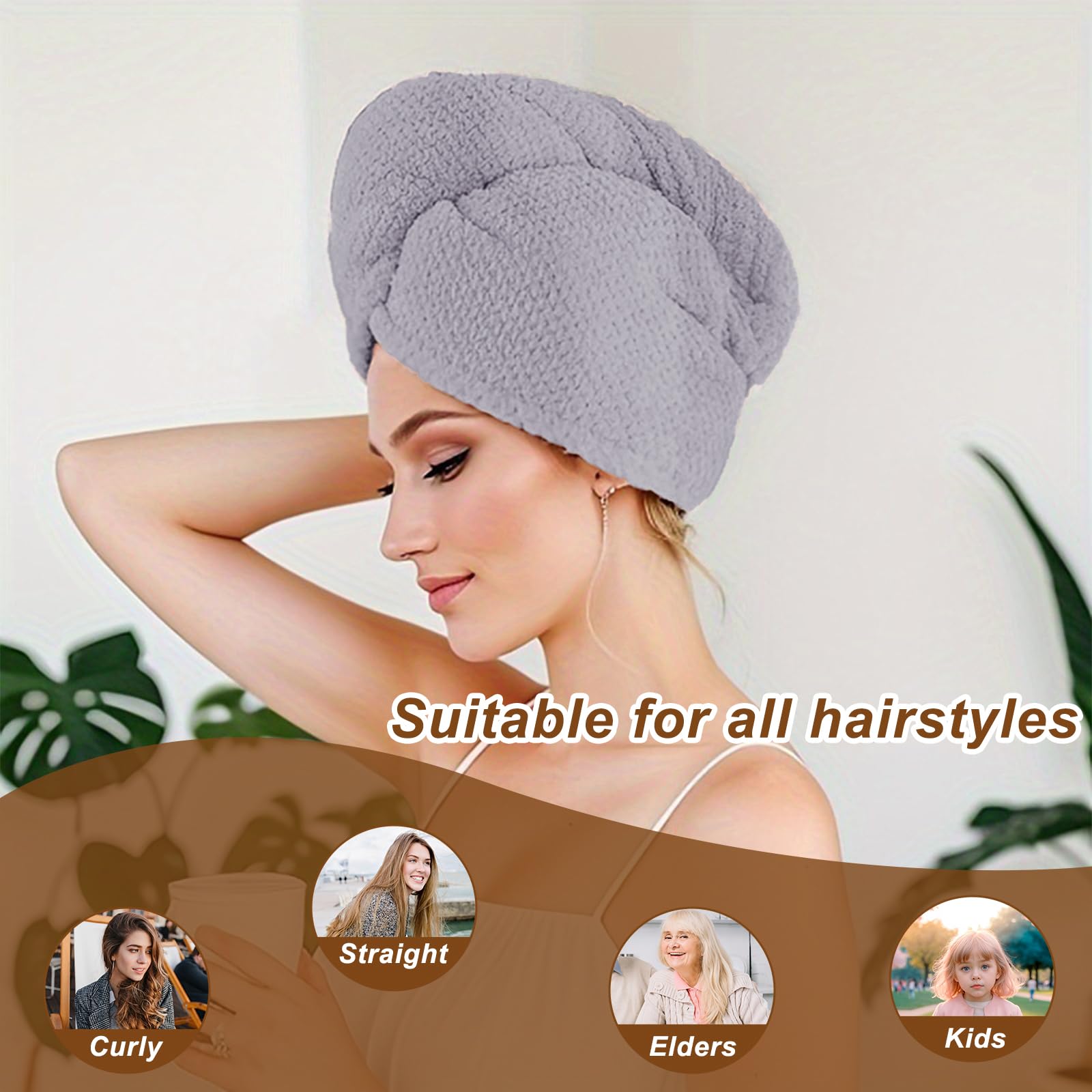 Kldnkig Microfiber Hair Towel Wrap, 3 Pack (Gray) Soft Hair Drying Towel, Hair Turban Towel Set Curly, Ultra Absorbent Twist Hai