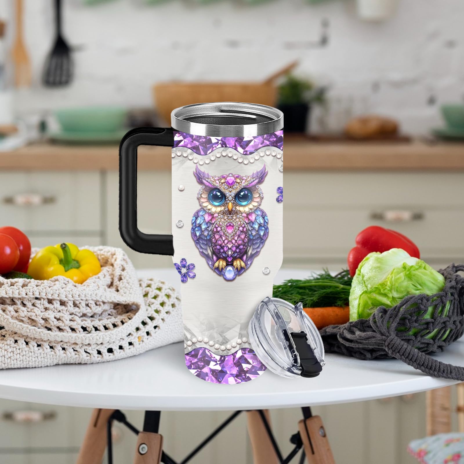 HYMONA Owl Gifts for Women Cups Tumbler with Handle 40oz Unique Stainless Steel Insulated Owl Water Cups, Christmas Birthday Gif