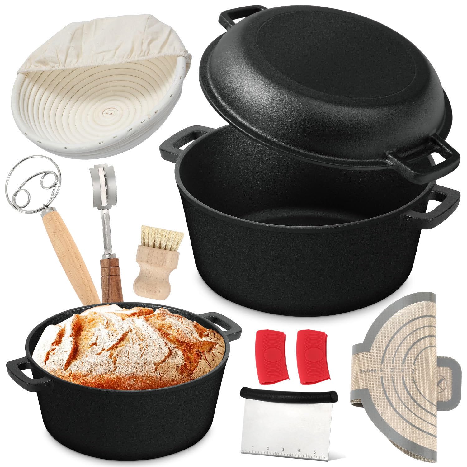 Aukivon 5 Qt Cast Iron Dutch Oven for Bread Baking, Sourdough Dutch Oven with Lid, Dutch Pot with Bread Baking Supplies