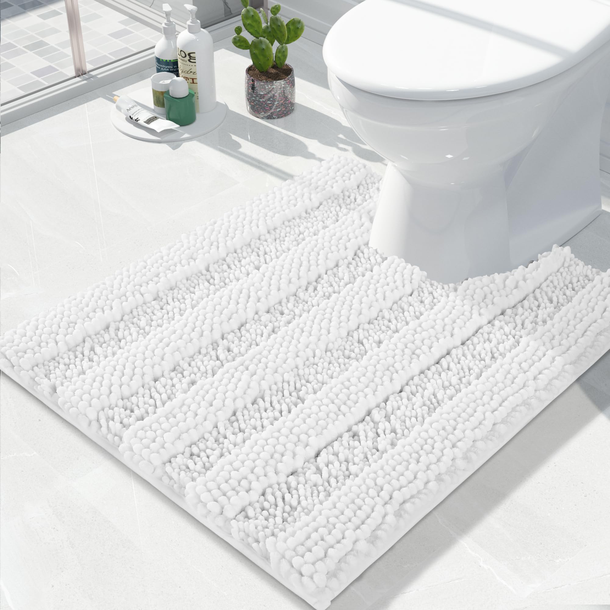 Yimobra U Shaped Toilet Bath Rug  Luxury Chenille Contour Mat for Bathroom  Soft Comfortable Shaggy Commode Rug  Water Absorption  Non-Slip  Extra Thick  Machine Wash  24.4 x 20 Inch  White
